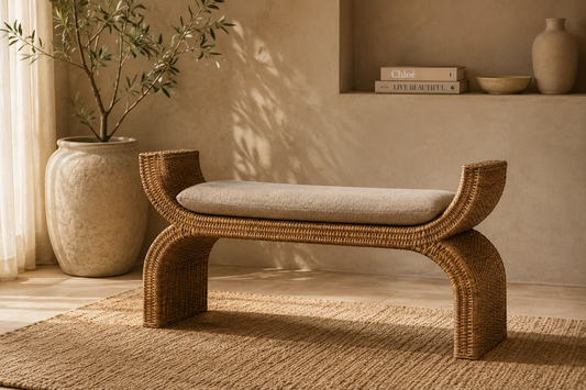 Rattan Weave Boucle Bench