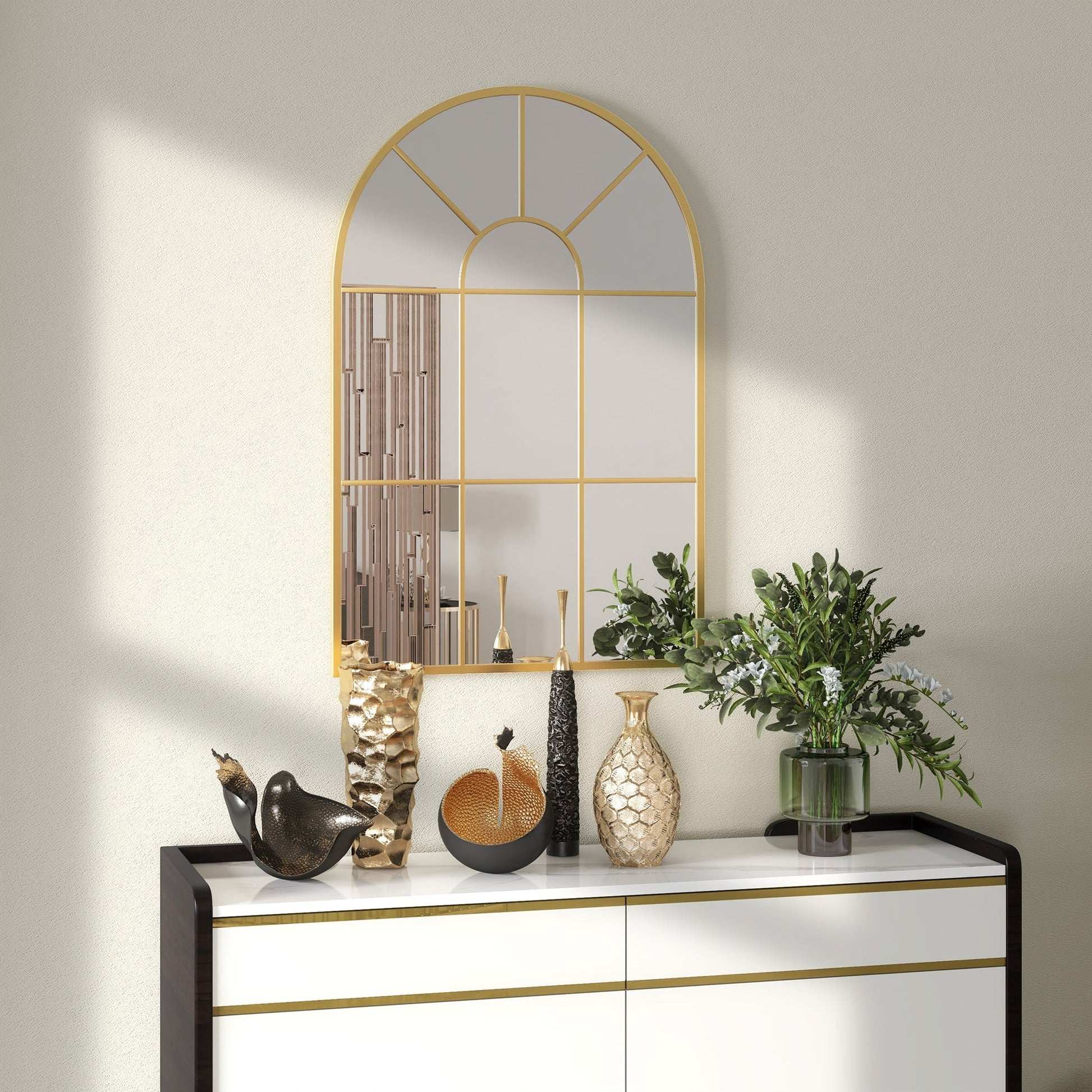 Modern Arched Wall Mirror, 91 x 60 cm Window Mirrors for Living Room, Bedroom, Gold Tone