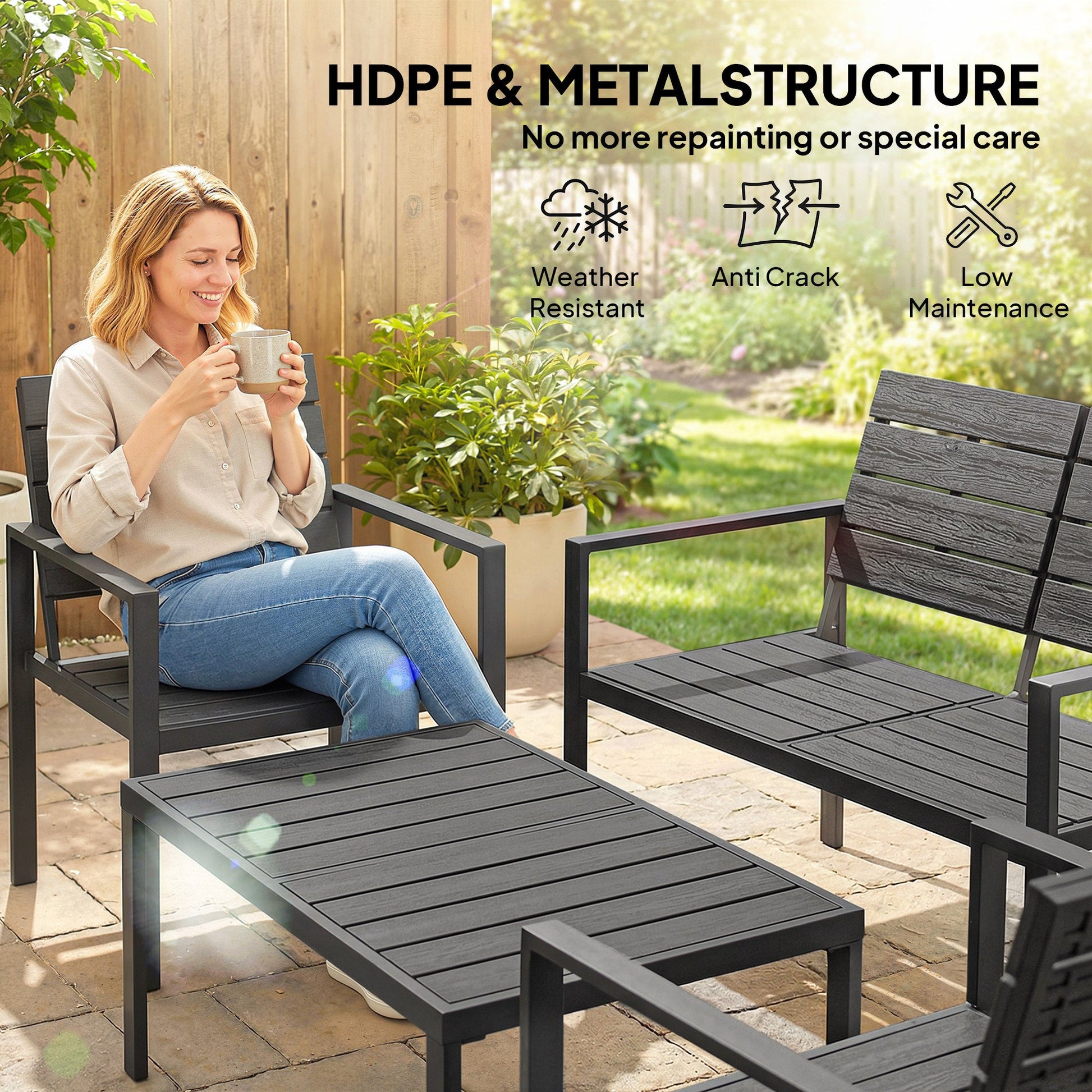 4 Piece Garden Furniture Set, Outdoor Sofa Set with HDPE Slatted Loveseat Armchairs Coffee Table Metal Frame, Black