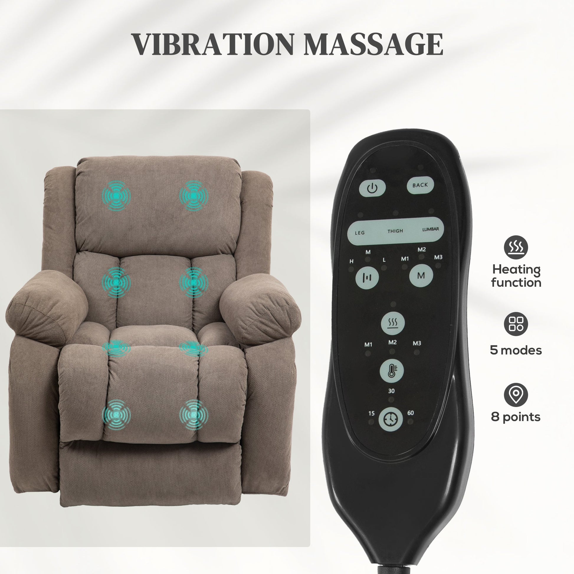 Recliner Armchair Lift Chair, Electric Recliner Chair with Vibration Massage and Heat, Wide Seat, USB Port, Light Brown