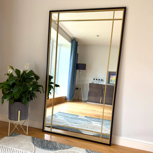 Full Length Black & Gold Metal Rectangle Window Mirror - 180cm x 105cm.
