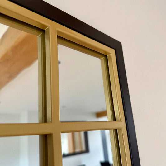 Full Length Black & Gold Metal Rectangle Window Mirror - 180cm x 105cm.