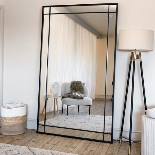 Full Length Black Metal Rectangle Window Mirror - 180cm x 105cm.