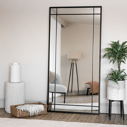 Full Length Black Metal Rectangle Window Mirror - 180cm x 90cm
