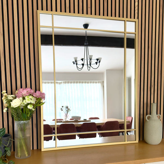 Gold Metal Rectangle Window Mirror - 95cm x 120cm.