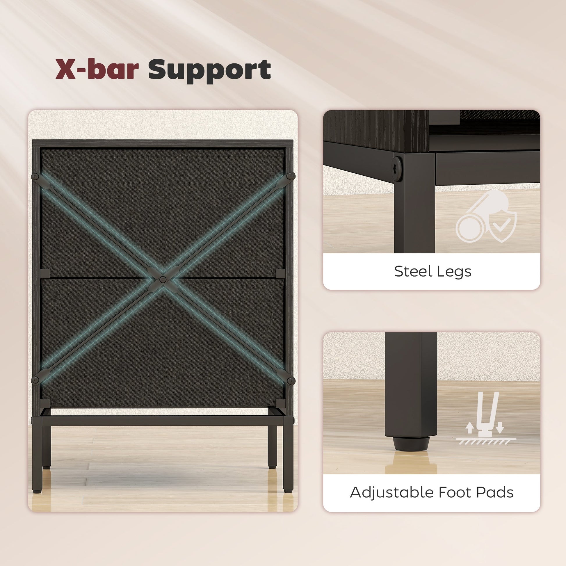 Chest of Drawers, Dresser with 2 Fabric Drawers and Aluminium Handles - Black