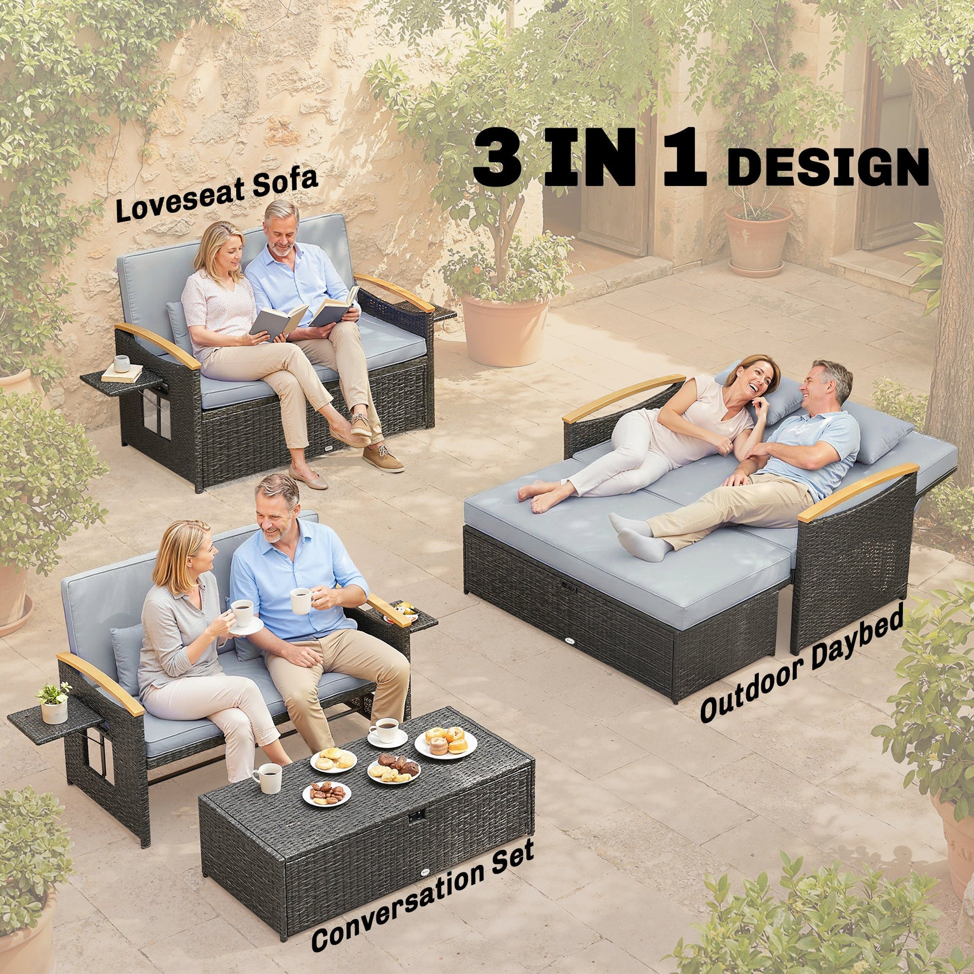 Double Garden Rattan Daybed, Wicker Sun Bed Chaise Lounger with Storage Ottoman, 4-Level Adjustable Backrest, Dark Grey