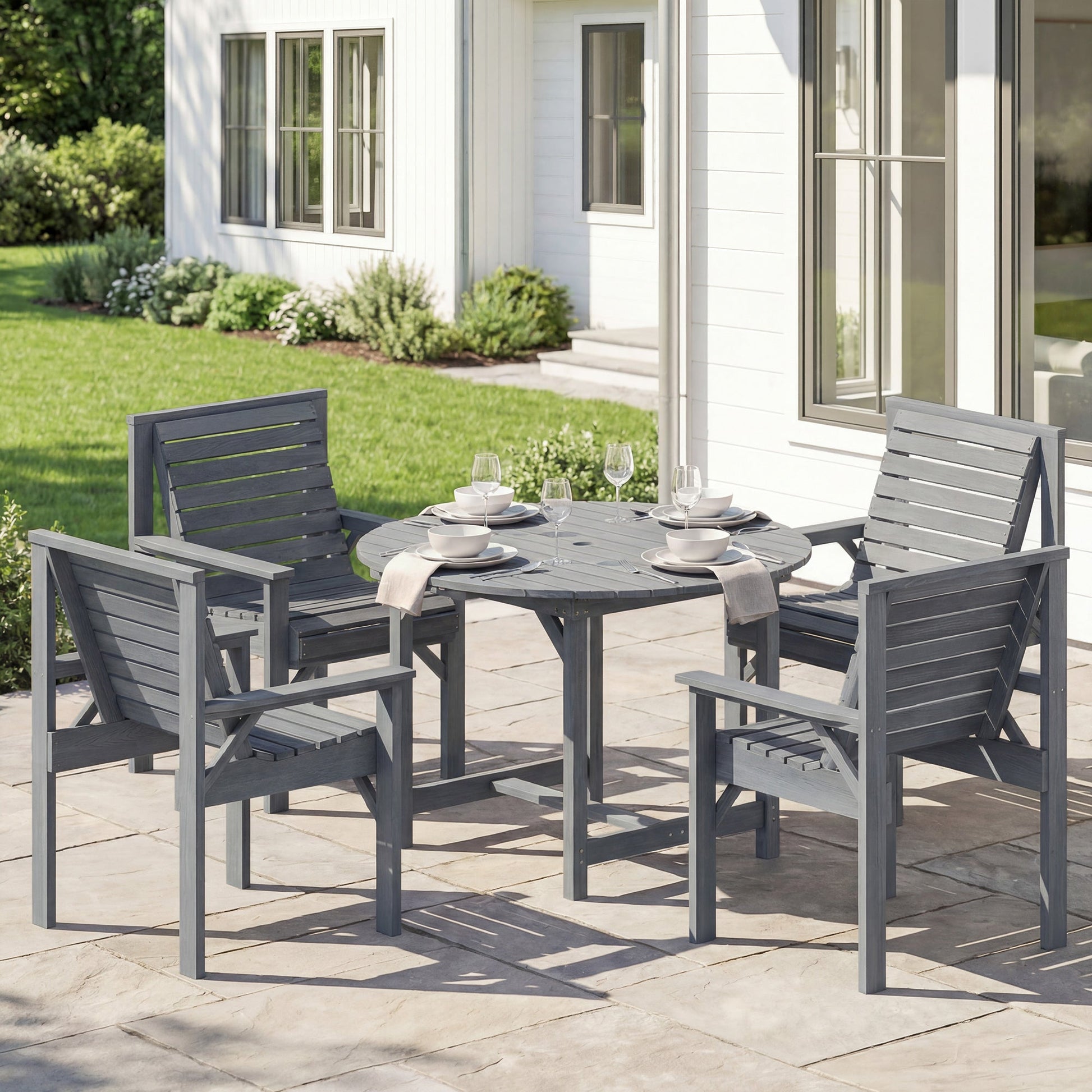 5 Pieces Garden Dining Set with Parasol Hole, Round Outdoor Table and Chairs, 4 Seater Wooden Garden Furniture, Grey