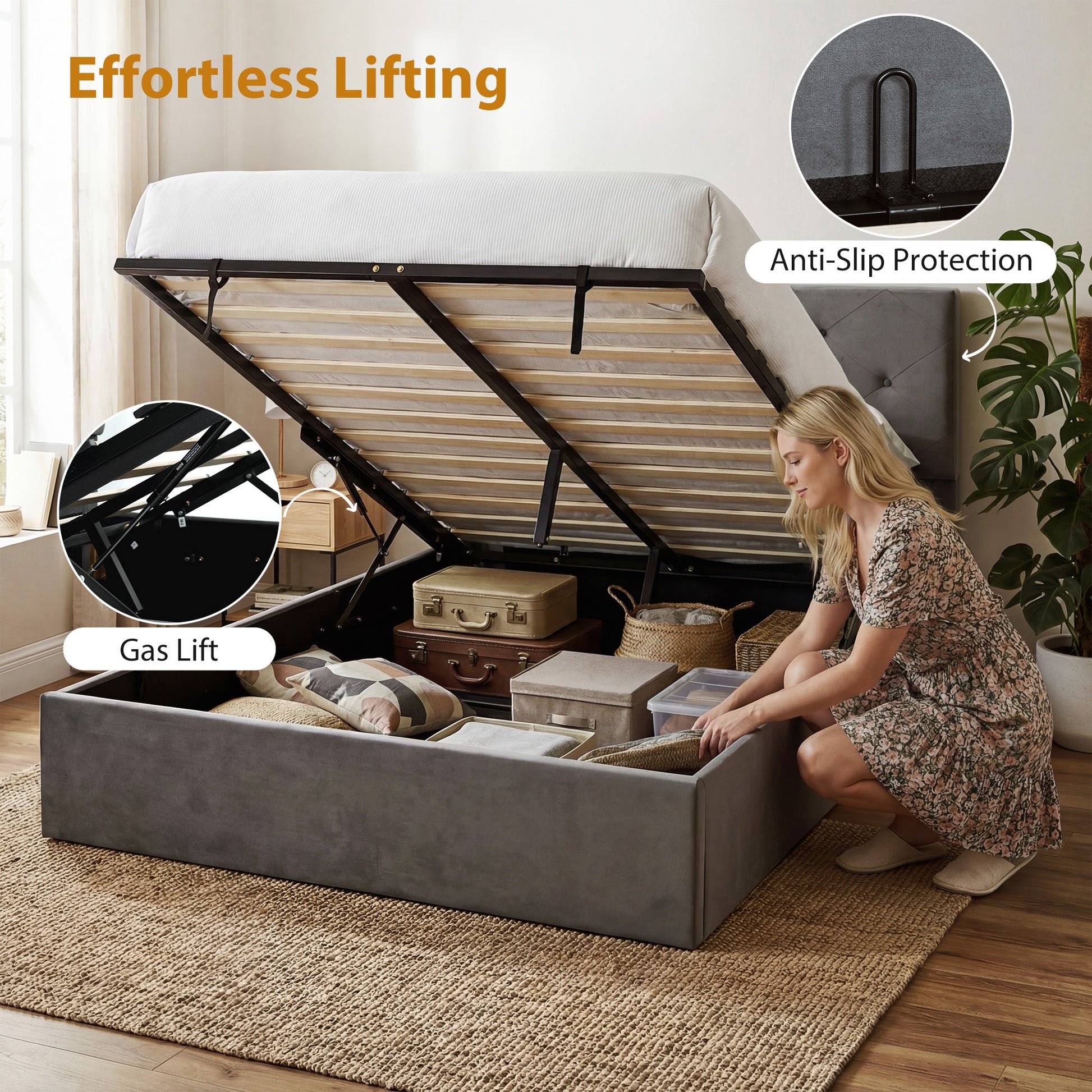 Double Bed Frame Gas Side Lift Under Bed Storage Upholstered Platform Bed Tufted Headboard for 140 x 190 cm Mattress