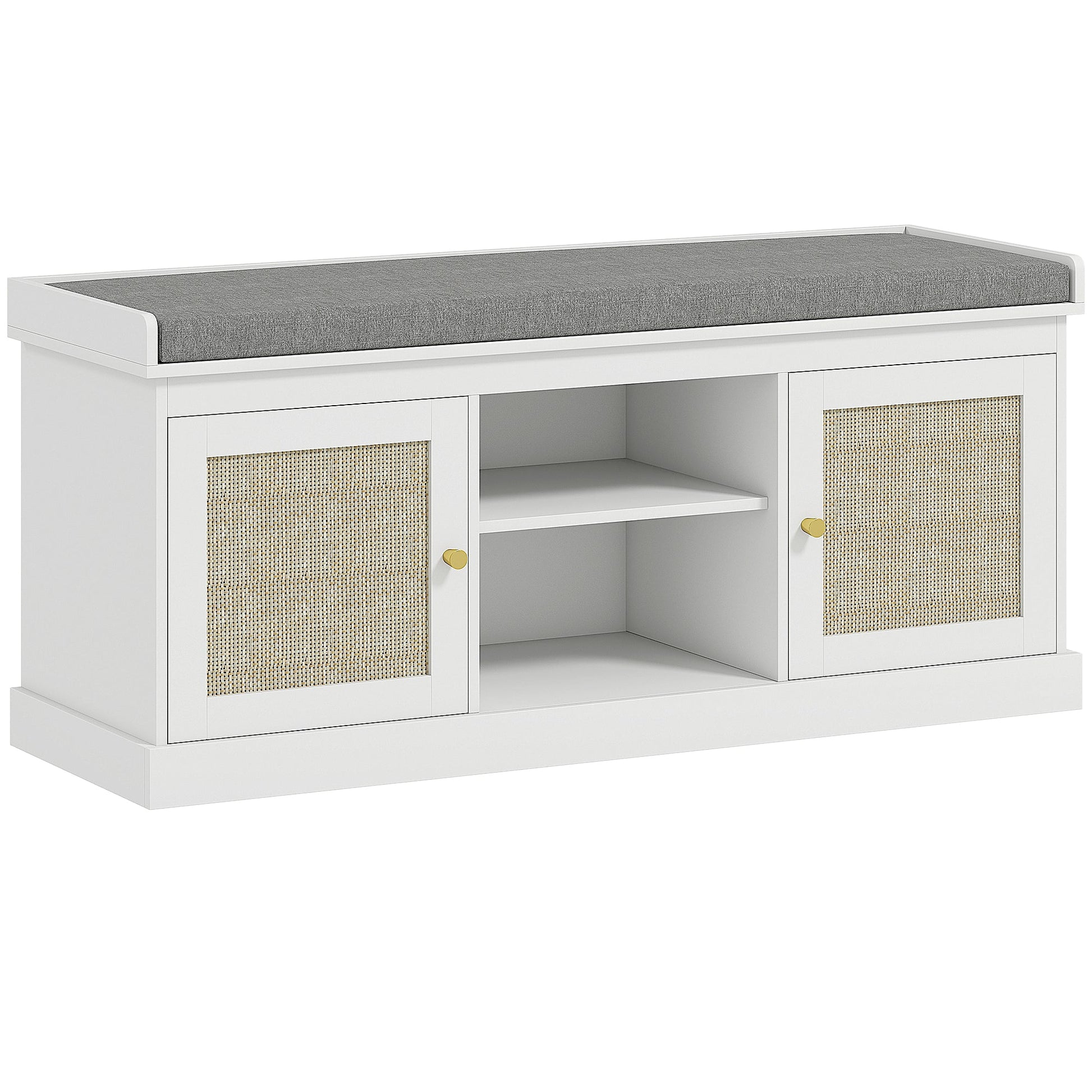 Boho Shoe Storage Bench with Padded Cushion and Rattan Doors - White