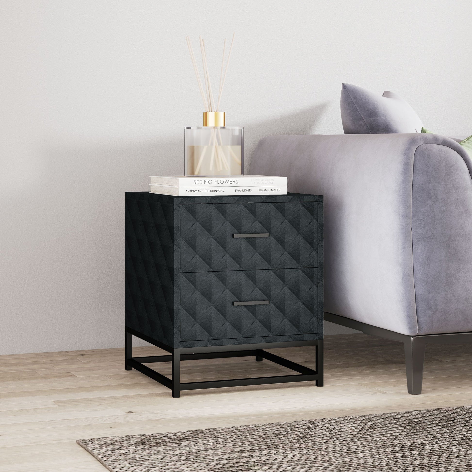 Bedside Tables Set of 2, Modern Bedside Table Nightstand with 2 Drawers, Bedside Cabinet Sofa Side Table with Storage, Steel Legs for Bedroom, Living Room, Black