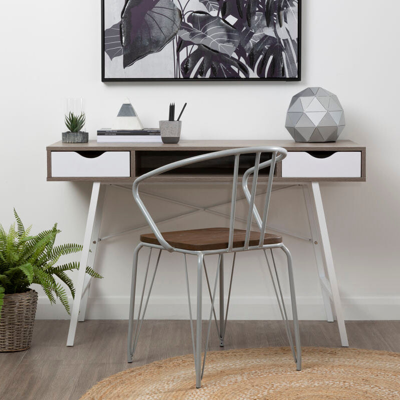 Bradbury Light Oak Veneer and White 2 Drawer Desk with Metal Frame
