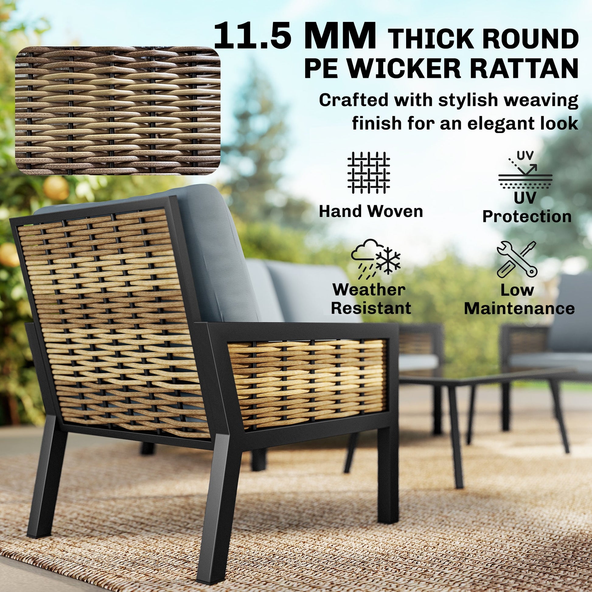 4 Seater Rattan Garden Furniture Set with 2 Armchairs, Loveseat, Coffee Table, Garden Sofa Set with Cushions, Grey