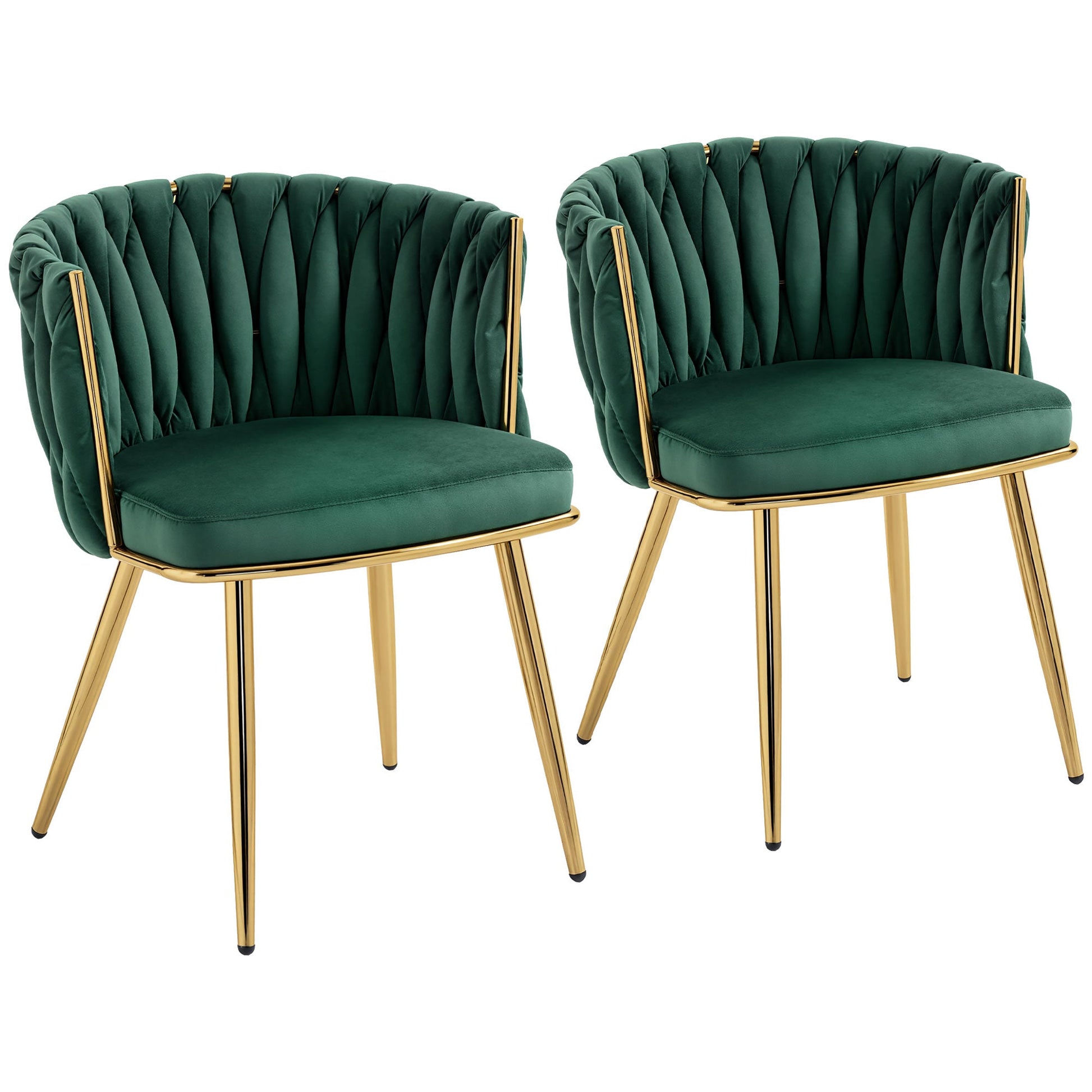 Velvet-Feel Dining Chairs Set of 2, Modern Upholstered Armchair with Knot Design and Golden Metal Legs, Accent Chair for Dining Room, Bedroom, Kitchen, Living Room, Dark Green