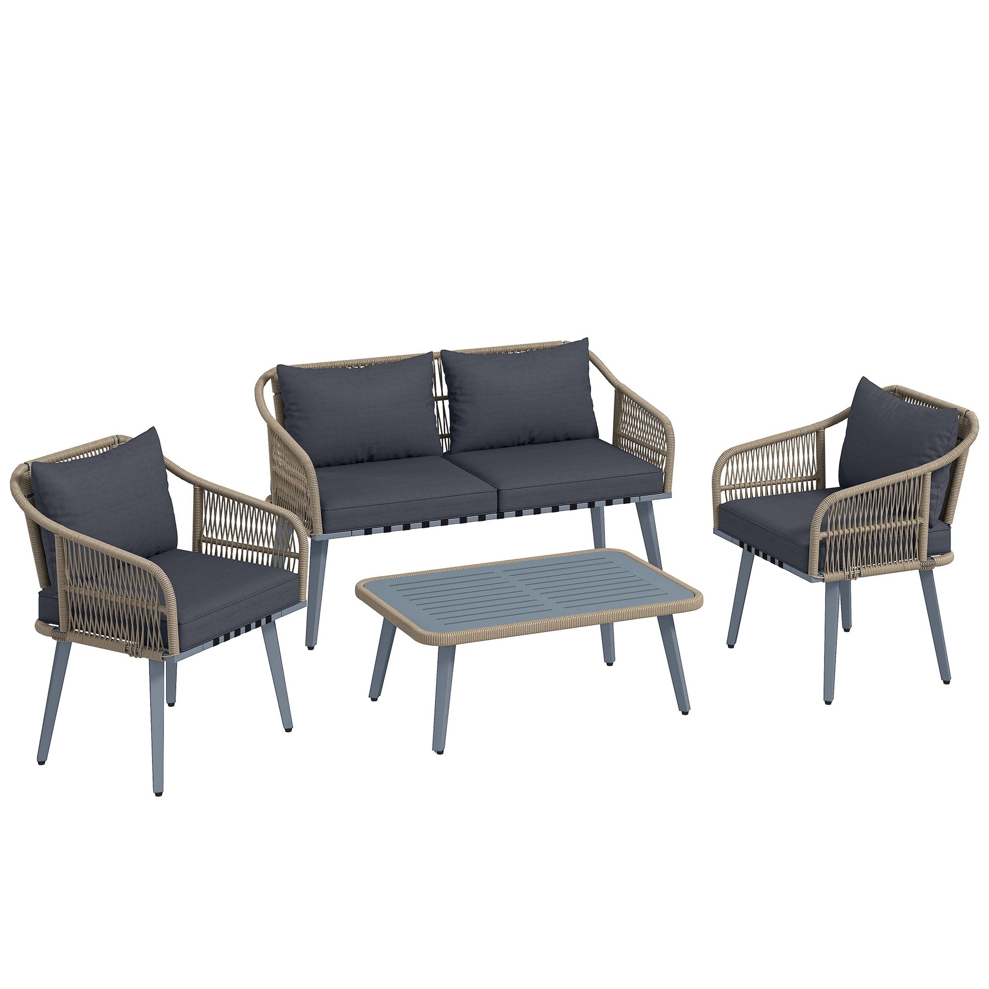 4 Piece Rattan Garden Furniture Set with Loveseat, Armchairs, Wood Table, Wicker Patio Conversation Set, Grey
