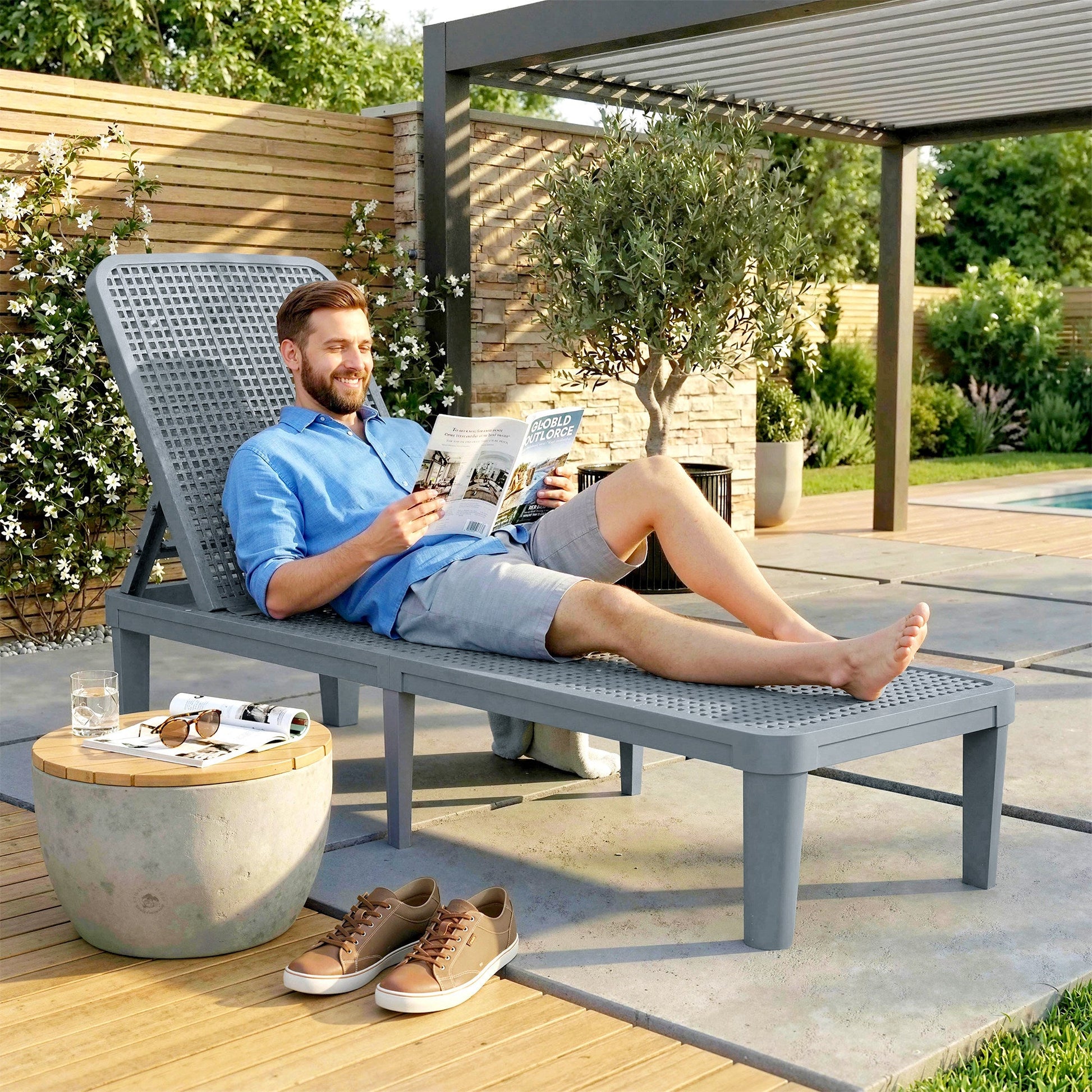 Outsunny Plastic Sun Lounger, 4-Position Adjustable Reclining Garden Lounger Sunbed for Patio, Beach, Terrace, Dark Grey