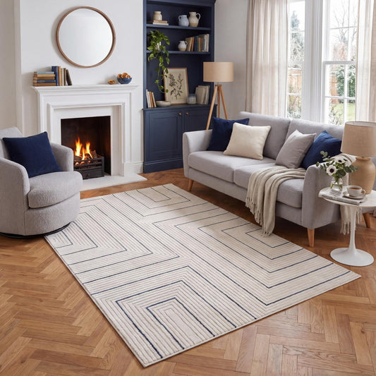 Cream-Blue Geometric Rug