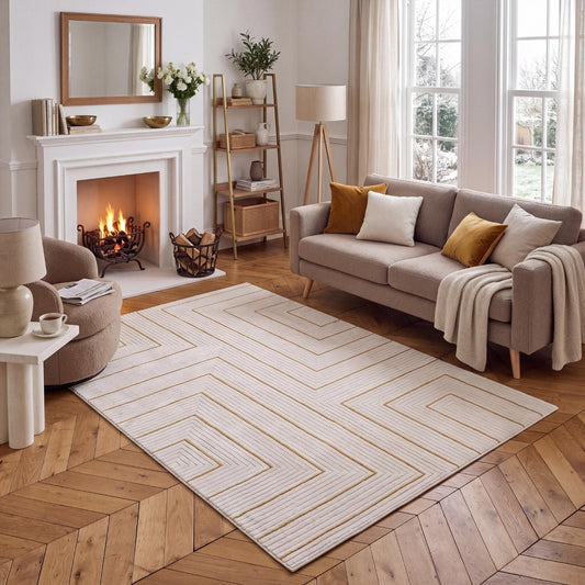 Cream-Gold Geometric Rug