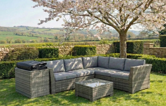 Chesterton Grey 5 Seater Corner Rattan Garden Sofa Lounge Set, Cover and Cushion Box Bundle