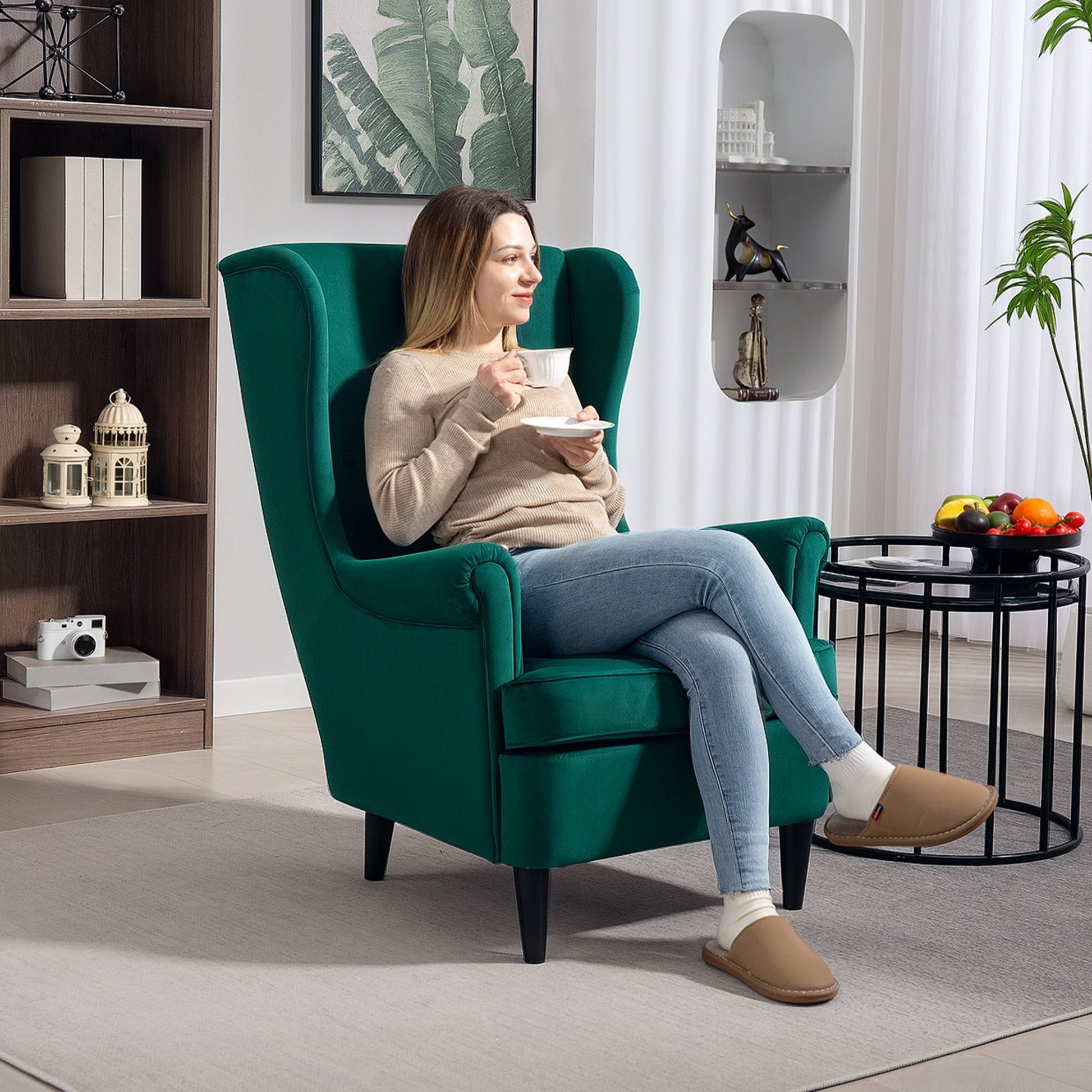Modern Accent Chair, Upholstered Wingback Armchair with High Backrest and Pillow, Velvet-Feel Fabric Reading Chair with Solid Wood Legs for Living Room, Bedroom, Home Office, Dark Green
