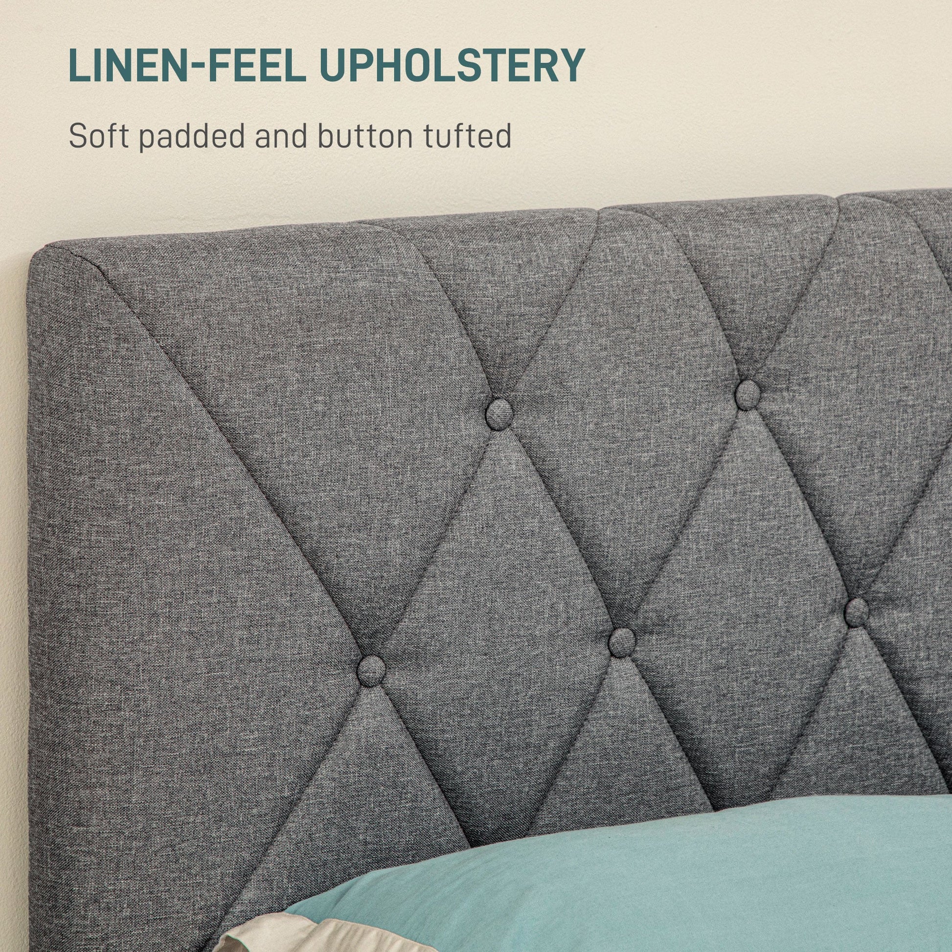 Double Bed Frame with 5-Level Adjustable Linen Upholstered Headboard, Wooden Slats Mattress Foundation, No Box Spring Needed, Grey