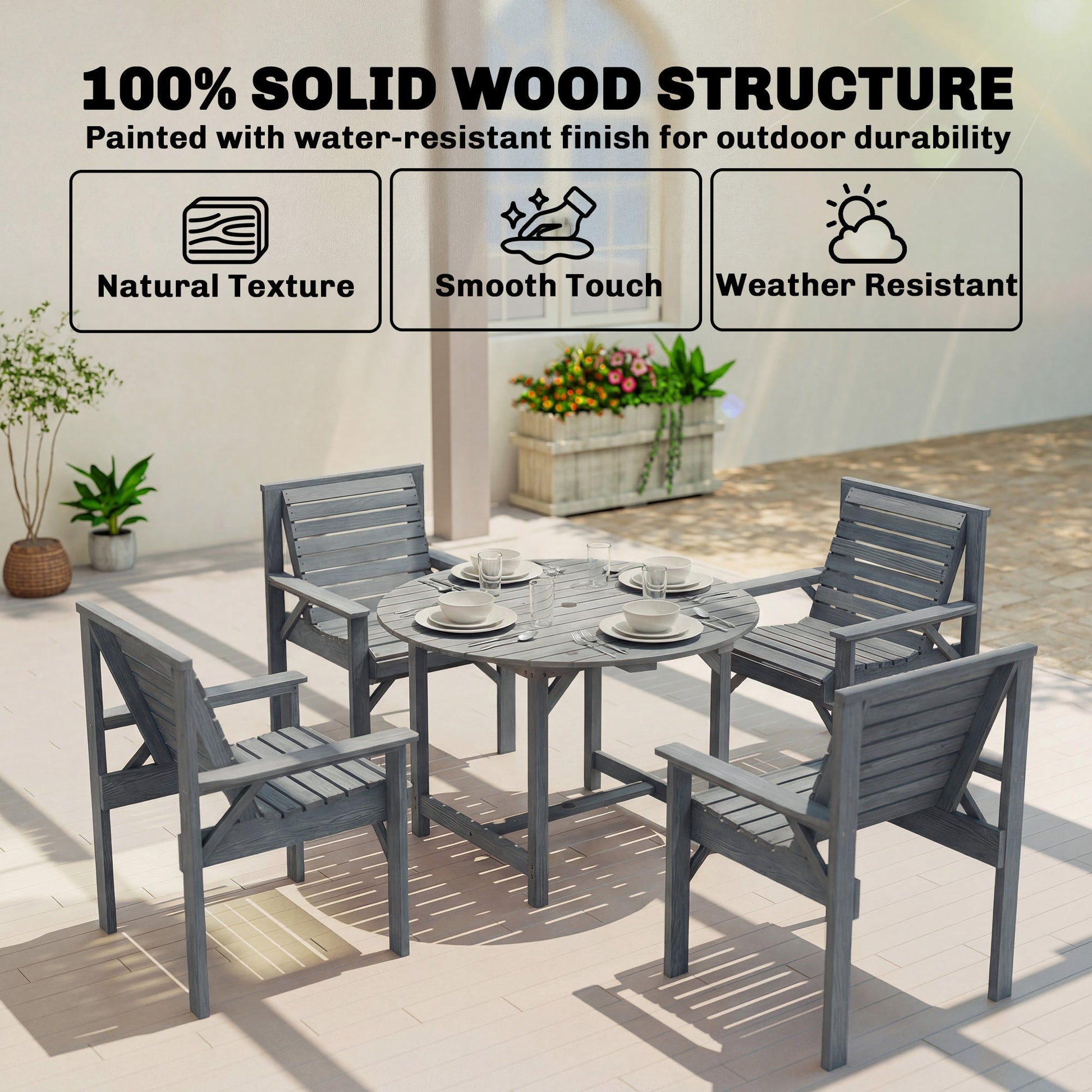 5 Pieces Garden Dining Set with Parasol Hole, Round Outdoor Table and Chairs, 4 Seater Wooden Garden Furniture, Grey