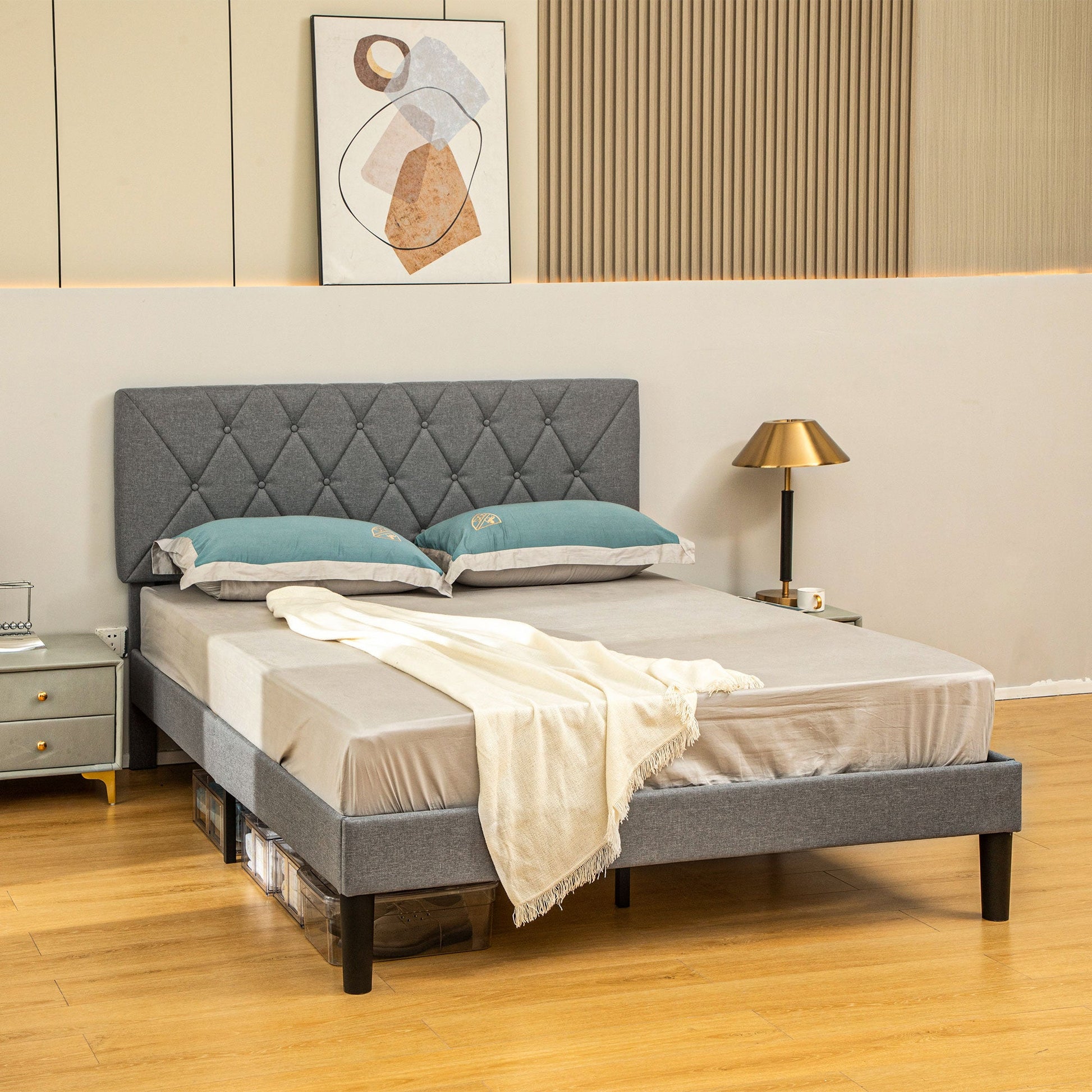 Double Bed Frame with 5-Level Adjustable Linen Upholstered Headboard, Wooden Slats Mattress Foundation, No Box Spring Needed, Grey