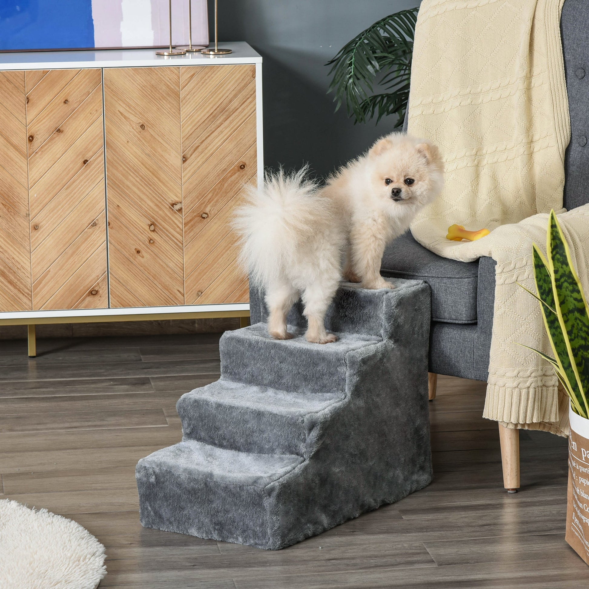 Four-Step Dog Stairs, with Washable Plush Cover, for High Bed Sofa, Dog Stairs for Small Dog and Cat - Light Grey