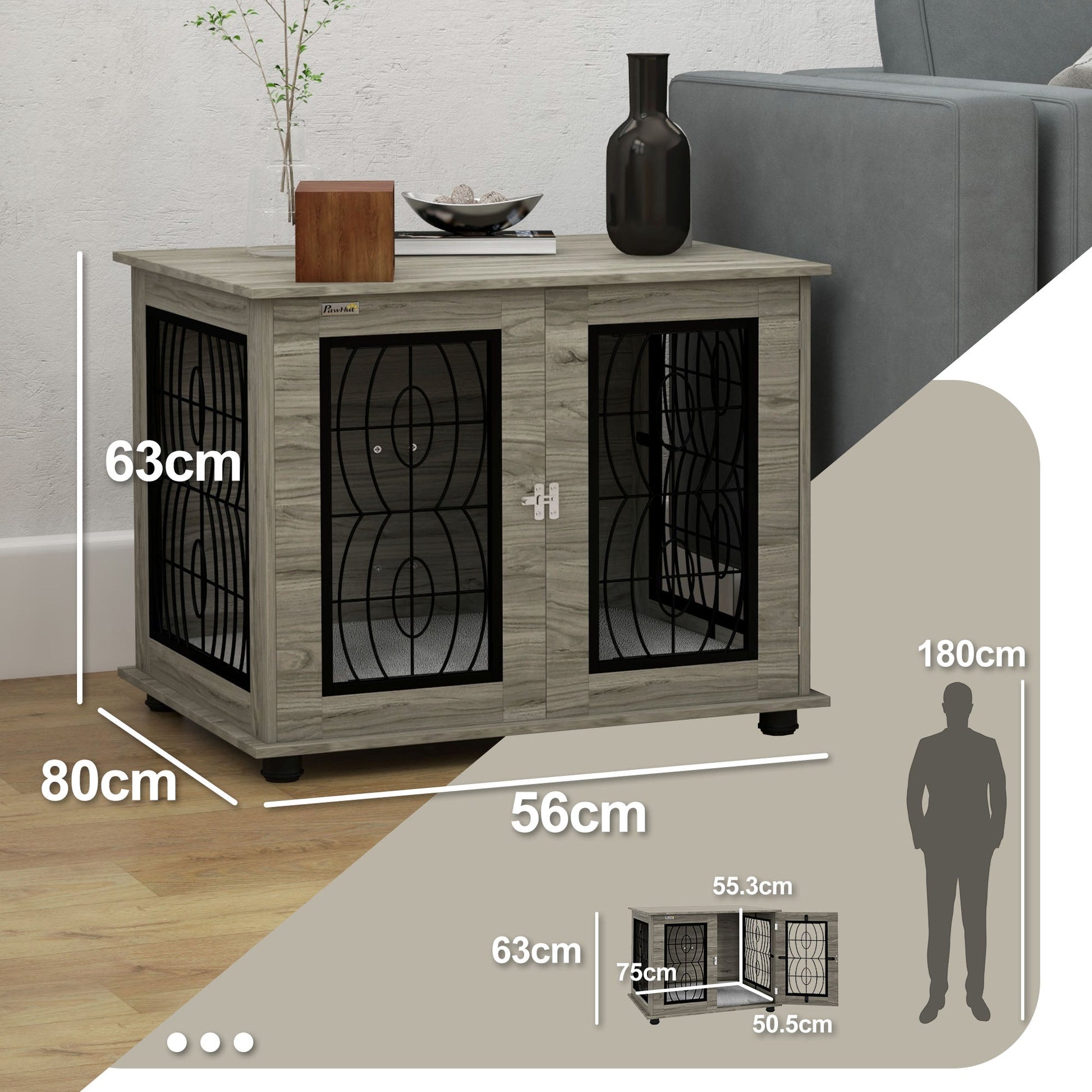 Indoor Dog Crate Furniture End Table with Soft Washable Cushion, Lockable Front Door, for Medium Dogs - Black