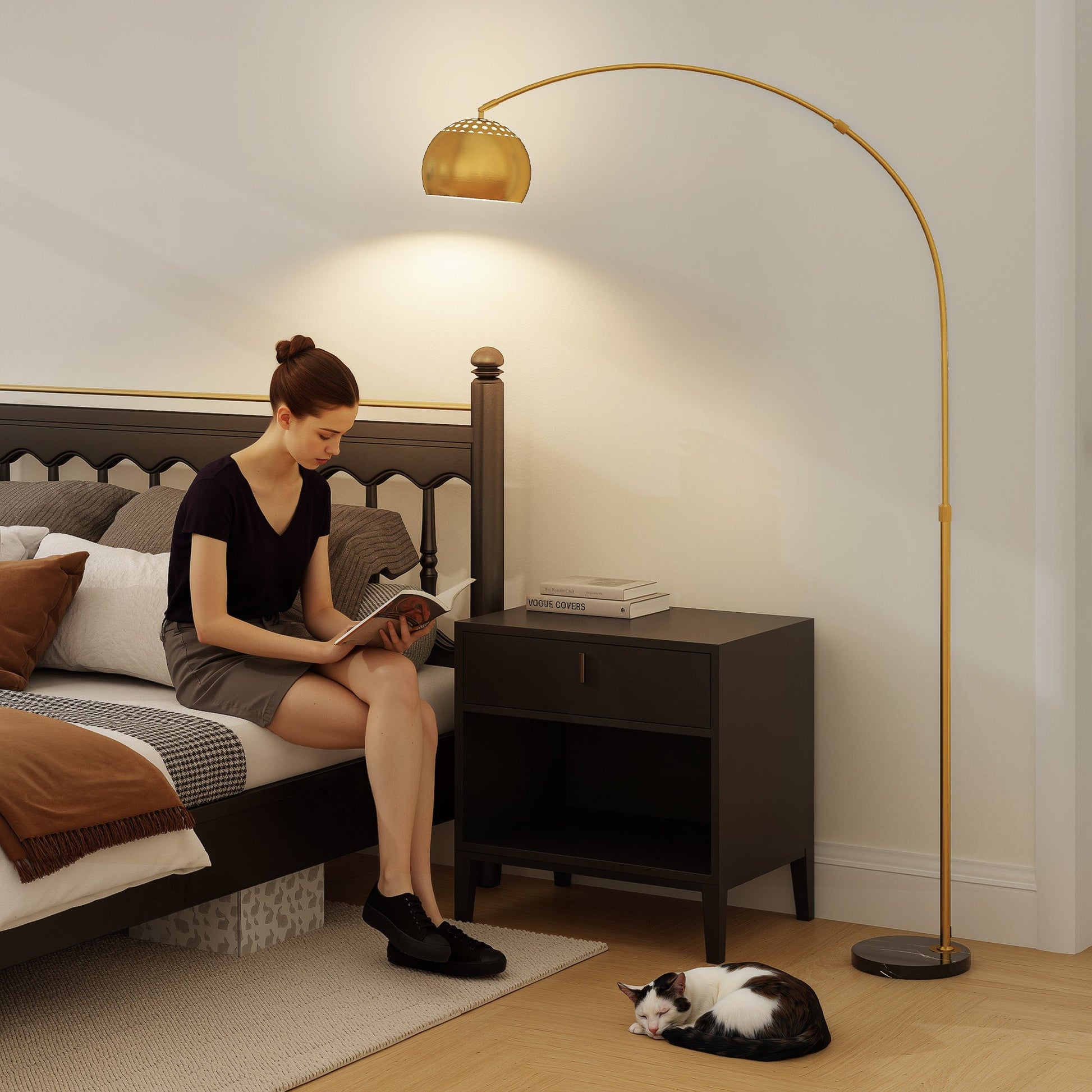 180cm Arc Floor Lamp for Living Room, Home Offices, Bedrooms, Modern Standing Lamp with Foot Switch, Faux Black Marble Base and Bell Shade, Gold Tone