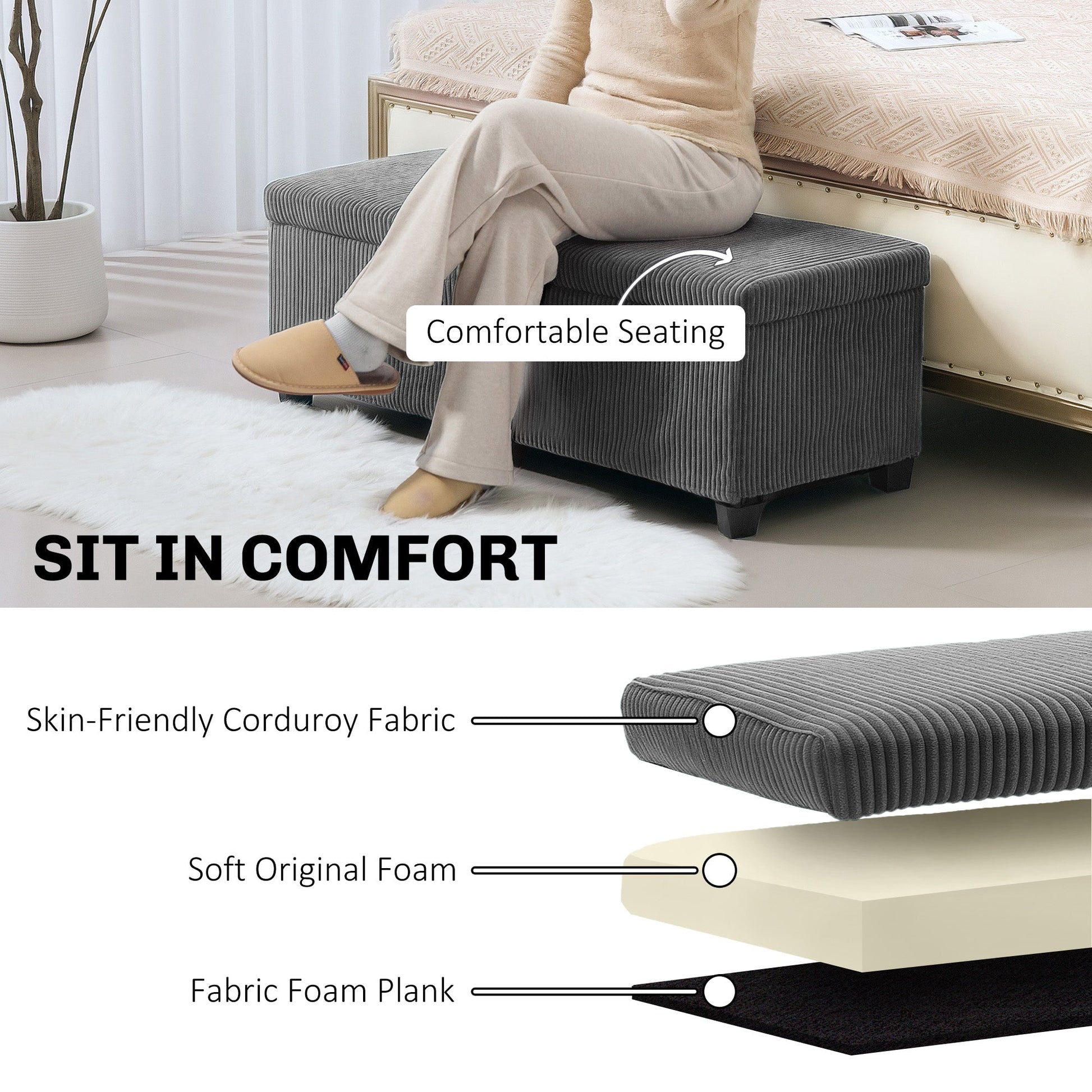 Storage Ottoman Bench, Corduroy Footstool with Removable Lid and Legs, 112cm Storage Chest Box for Living Room, Bedroom, Hallway, Grey