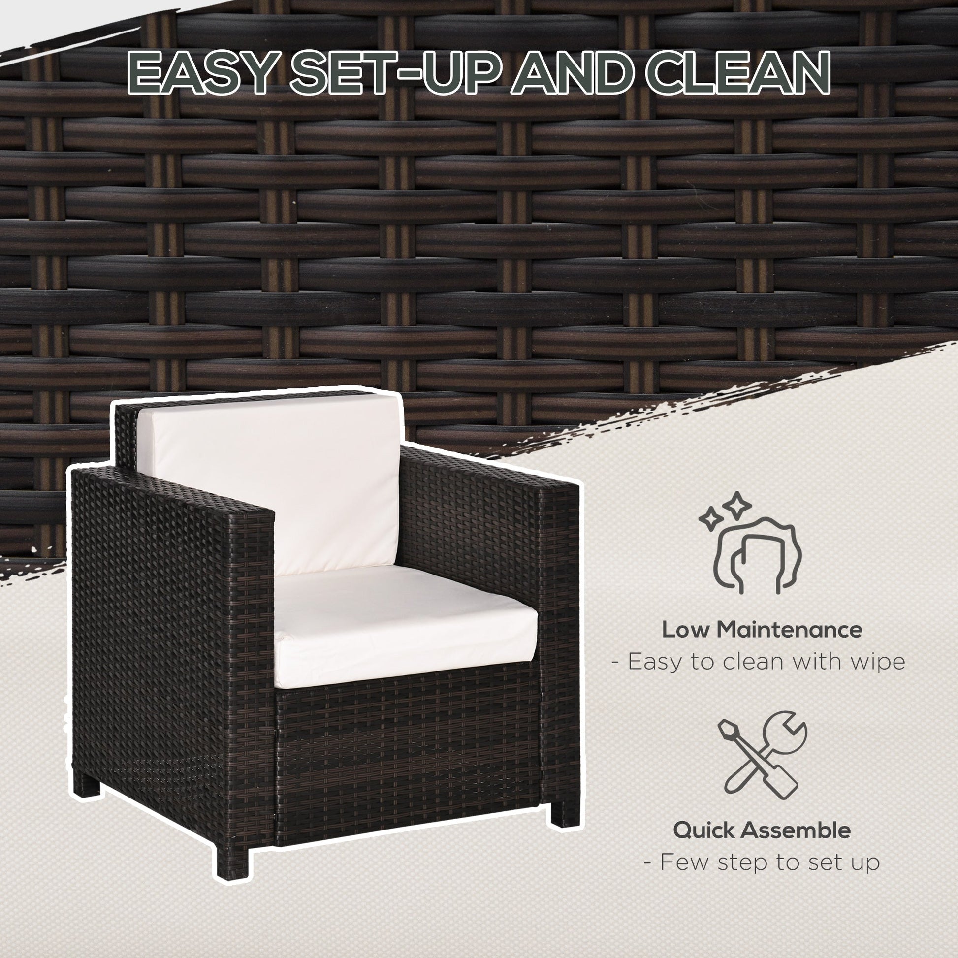 Single Seater Rattan Chair, PE Wicker Garden Armchair with 10 cm Thickened Cushion, All-Weather Rattan Garden Chair with Armrests, Brown