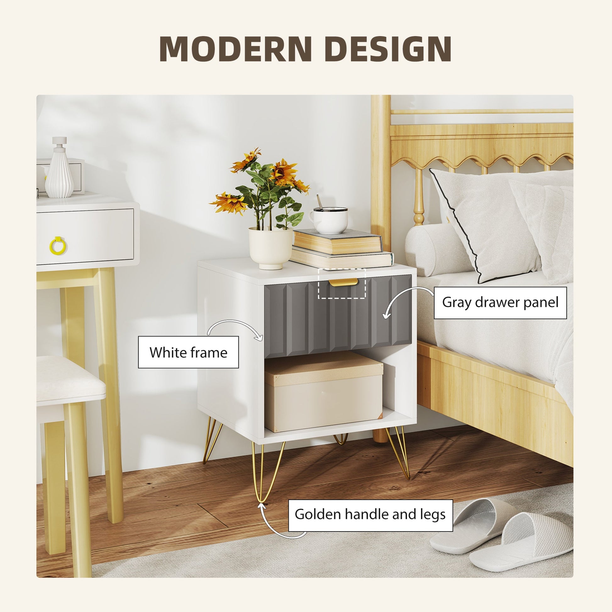 Bedside Table Modern Bedside Cabinet with Drawer and Open Compartment, 45 x 40 x 55, White