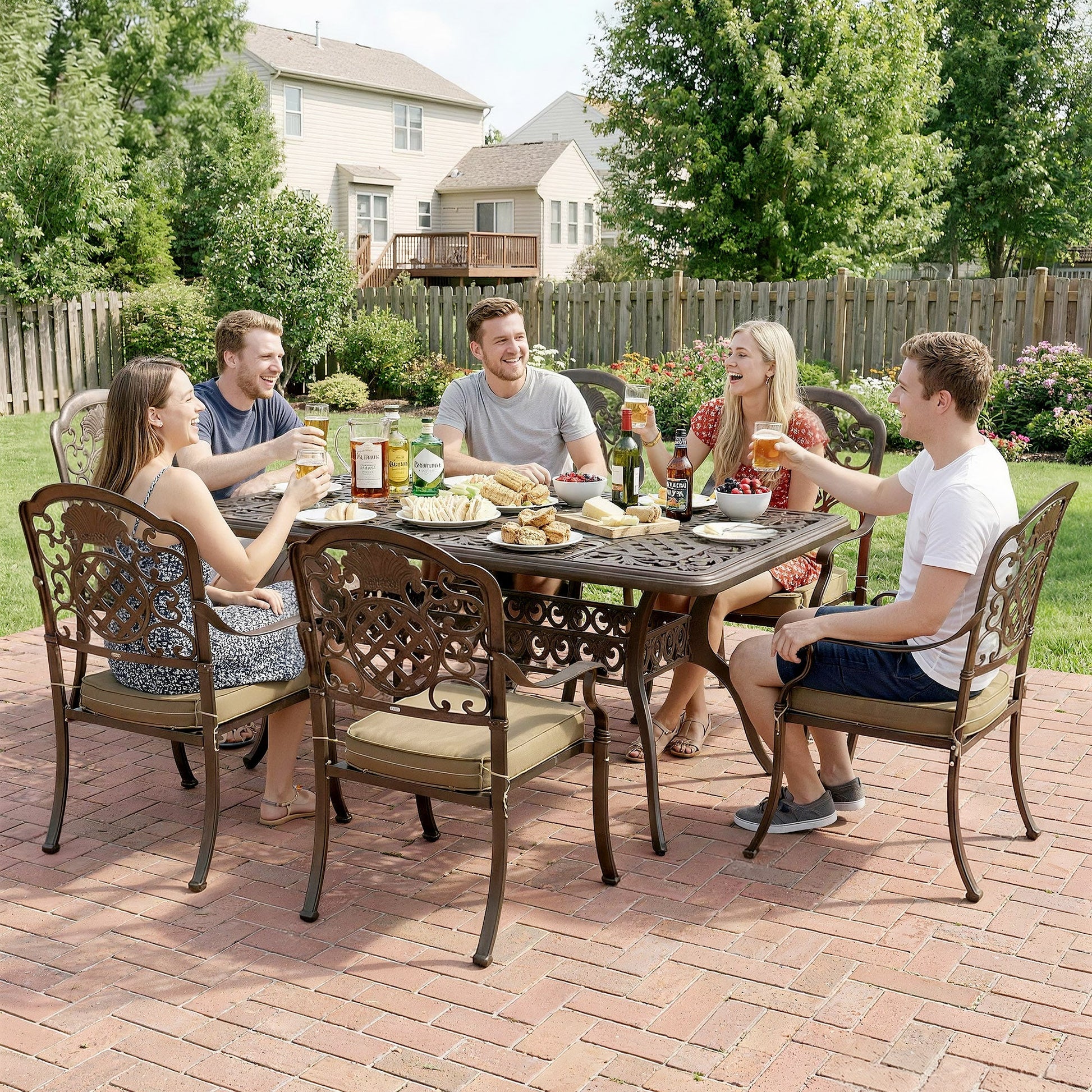 Garden Dining Set for 6, Cast Aluminium Outdoor Table and Chairs Set with Cushions, Parasol Hole for Patio, Bronze Tone