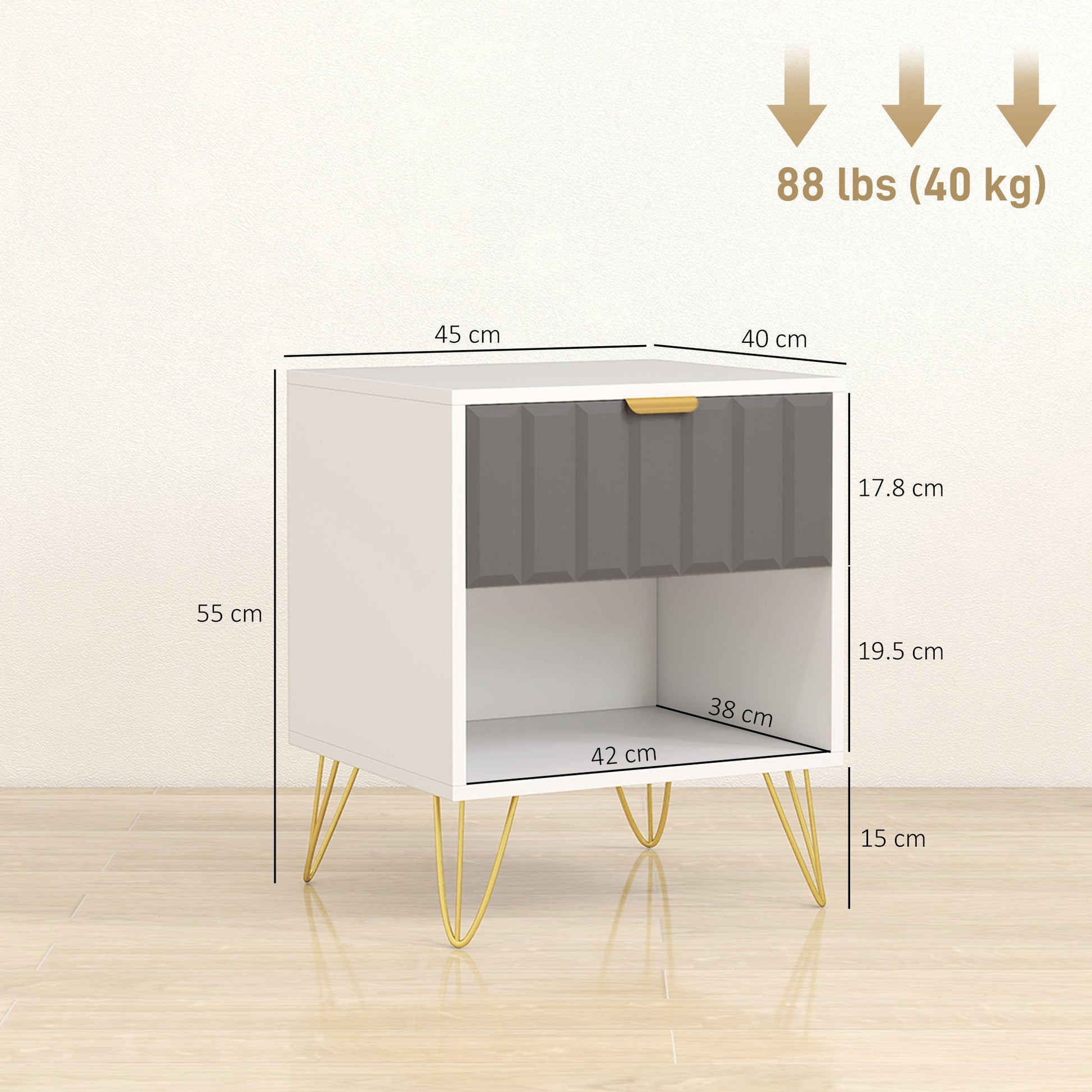 Bedside Table Modern Bedside Cabinet with Drawer and Open Compartment, 45 x 40 x 55, White