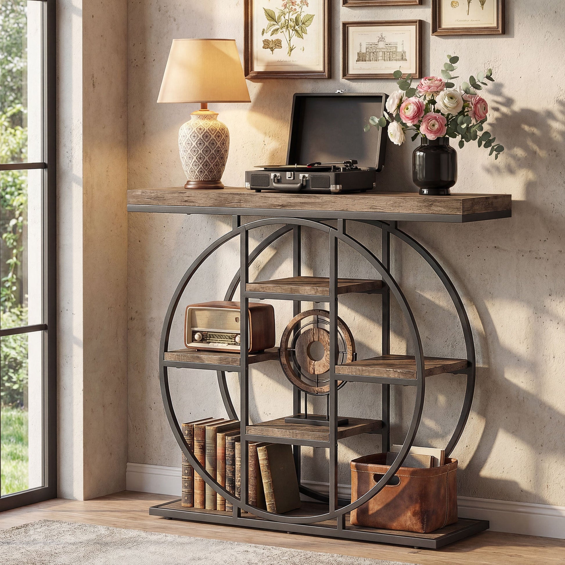 Industrial Console Table with Storage Shelves - Rustic Brown