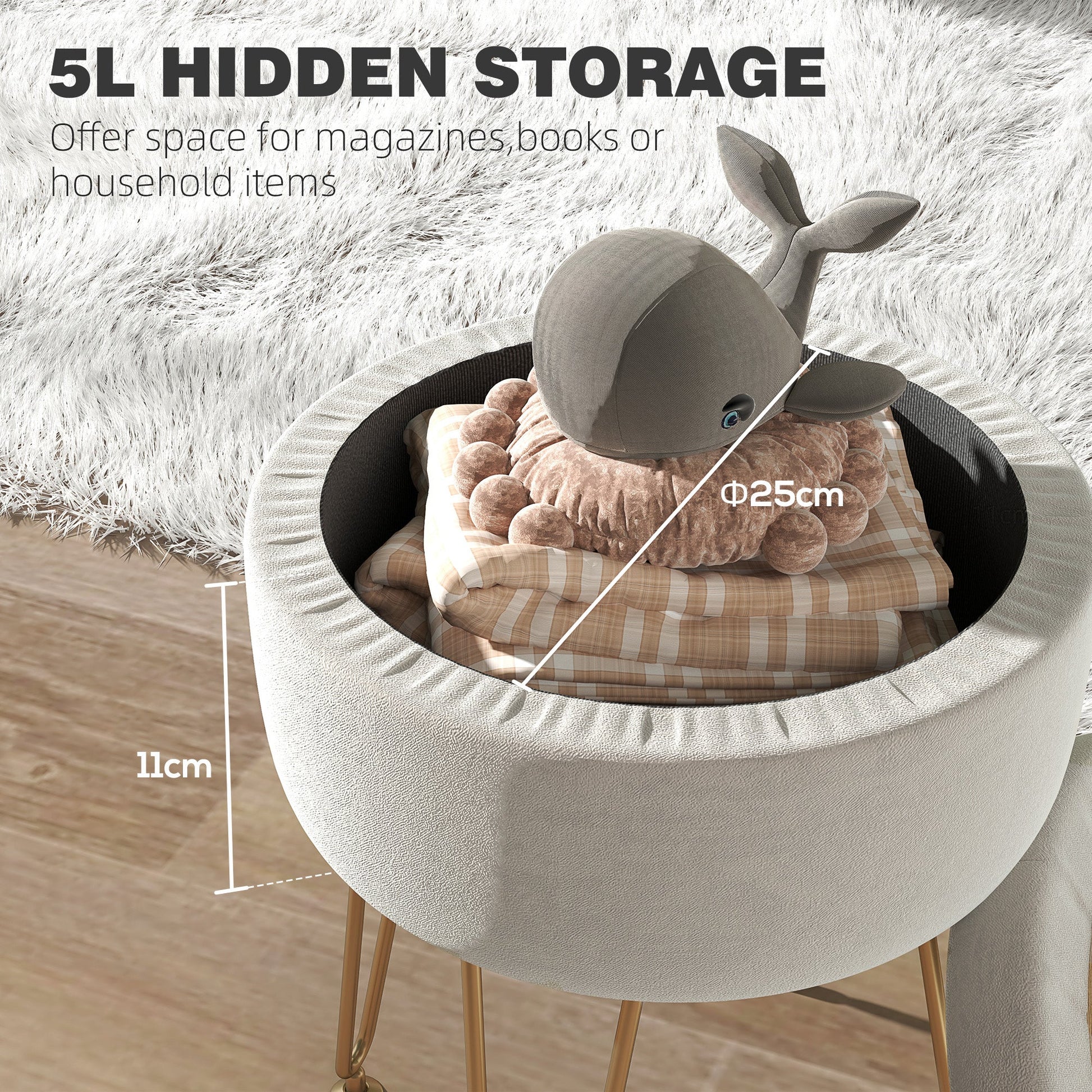 5L Velvet-Feel Storage Ottoman - Cream White