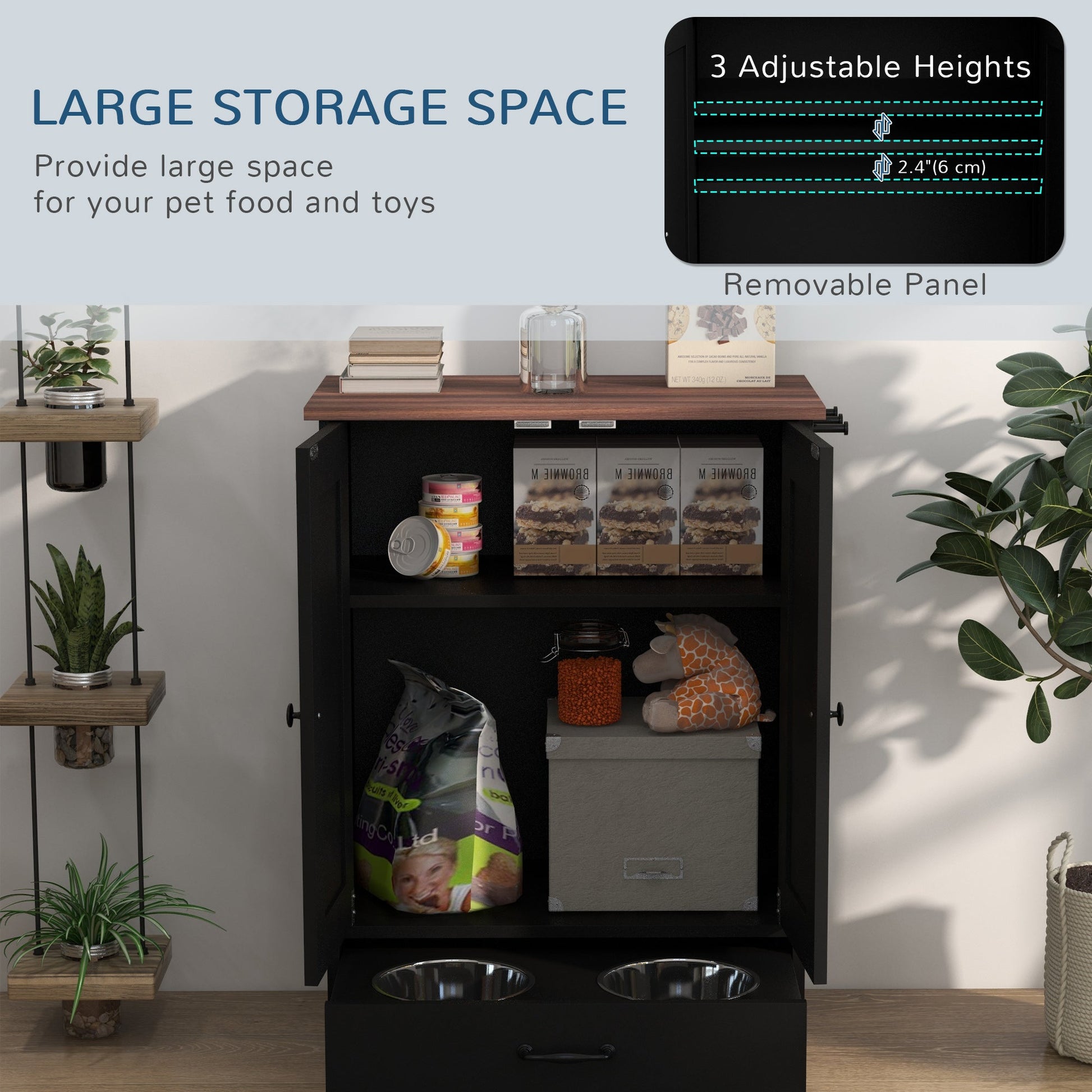 Pet Feeding Station with Raised Dog Bowls, Adjustable Panel, Hooks, Black