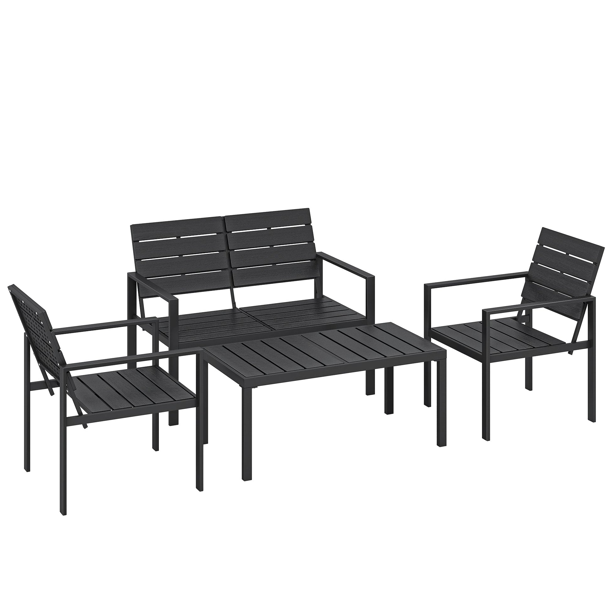 4 Piece Garden Furniture Set, Outdoor Sofa Set with HDPE Slatted Loveseat Armchairs Coffee Table Metal Frame, Black
