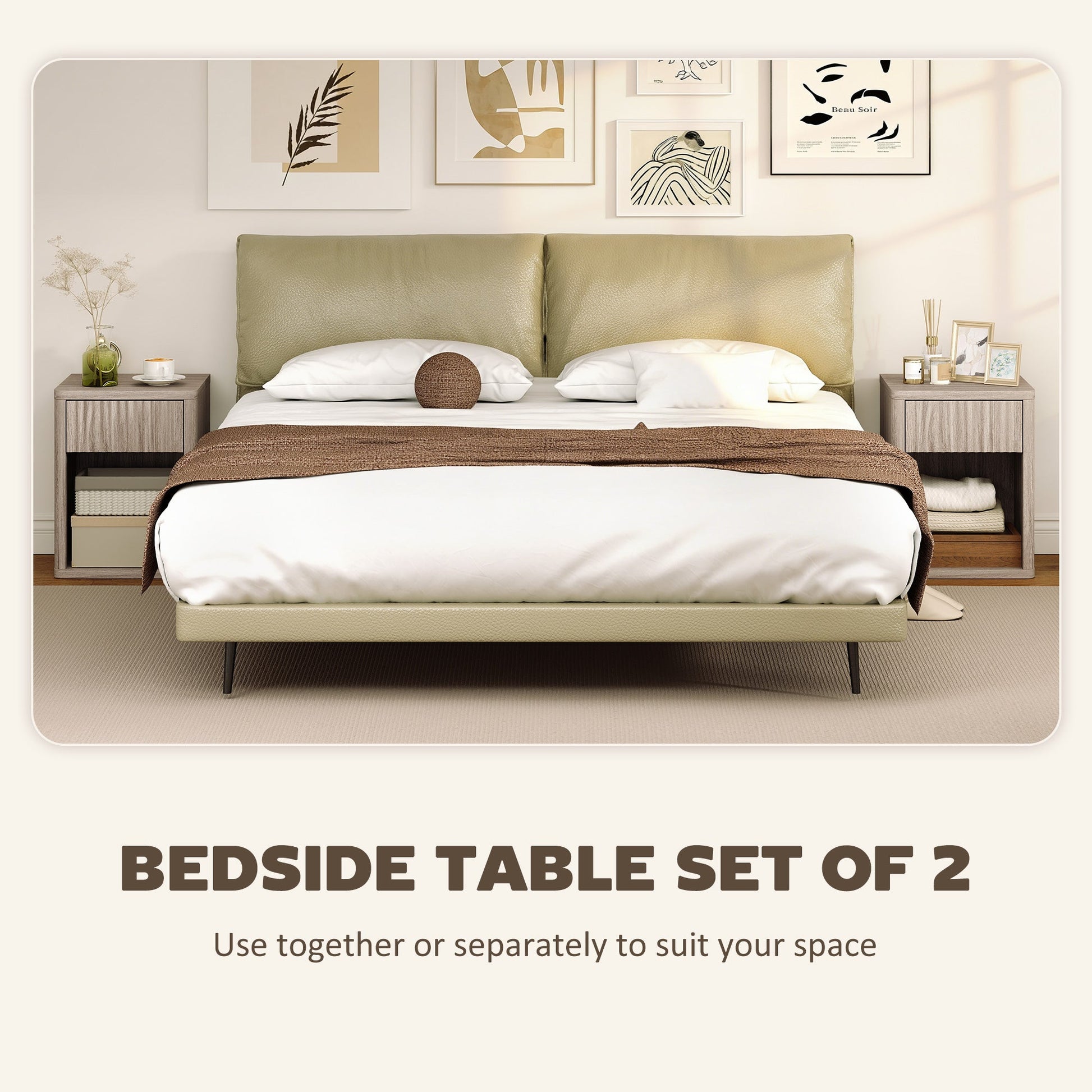 Modern Bedside Table Set of 2, Bedside Cabinet with Drawer and Open Shelf, Side End Table, Nightstand for Bedroom, Oak
