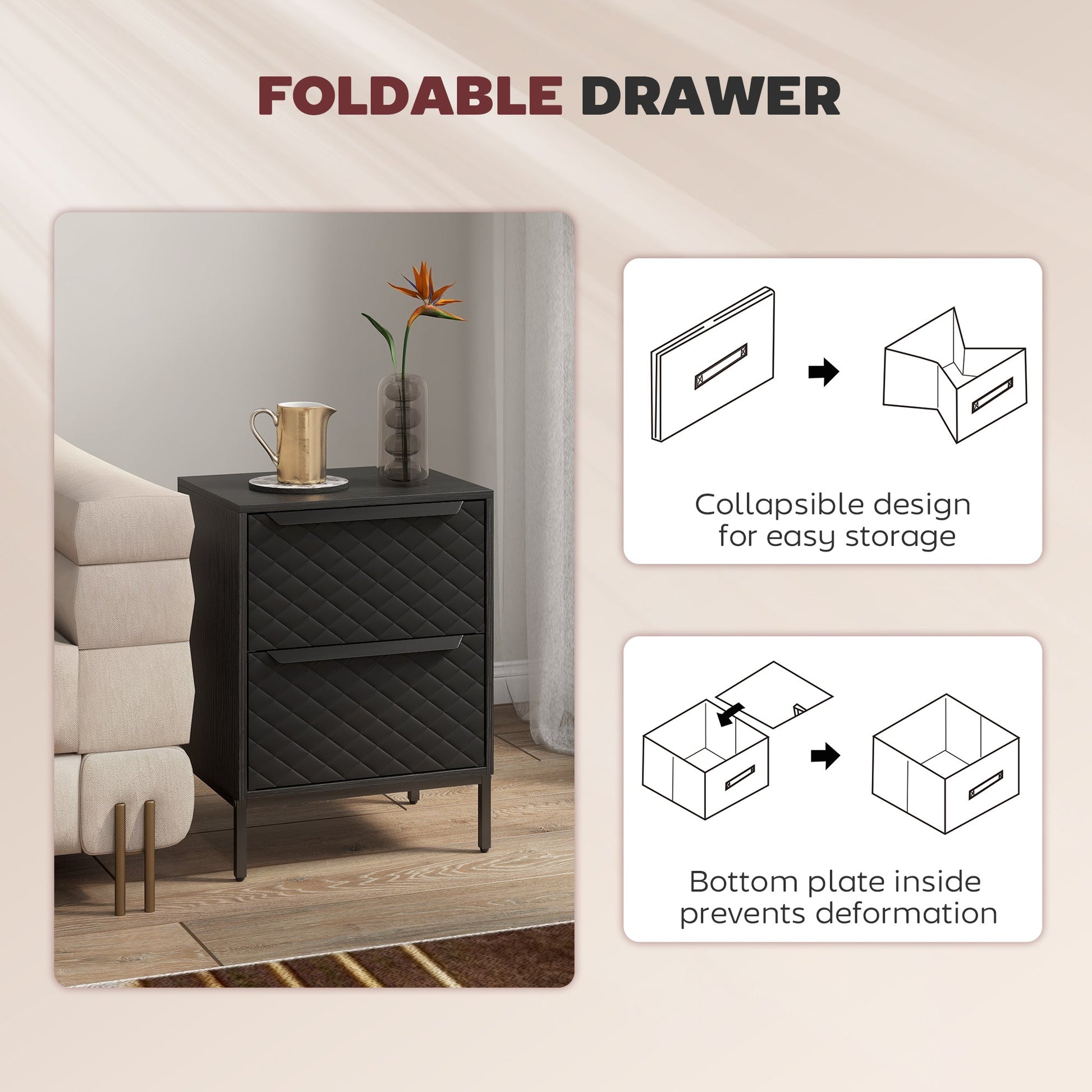 Chest of Drawers, Dresser with 2 Fabric Drawers and Aluminium Handles - Black