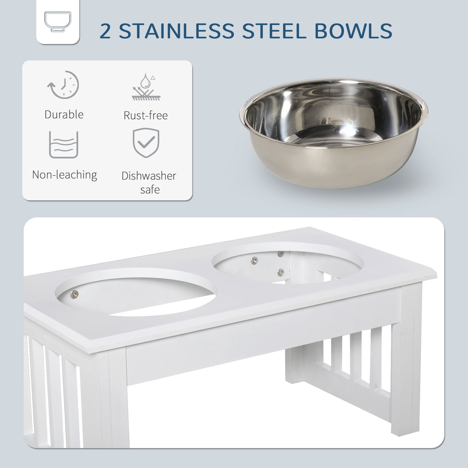 Raised Dog Feeding Bowls with Stand, Stainless Steel for  Extra Small and Small Dog, 44L x 24W x 15H cm - White