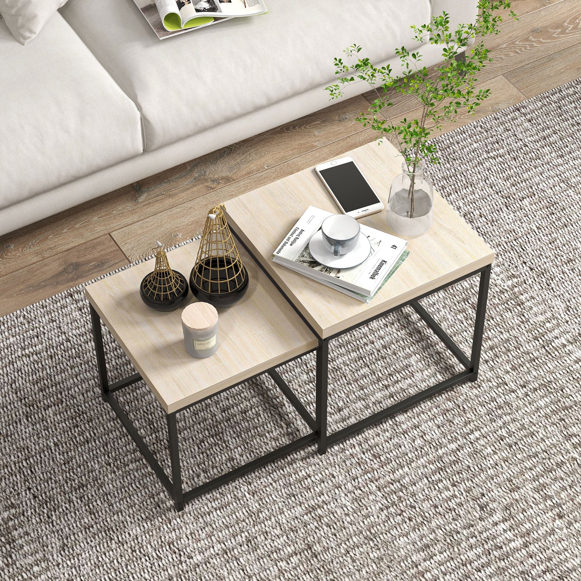 Coffee Table Set of 2, Nest of Tables with 3.5cm Thick Tabletop, Oak