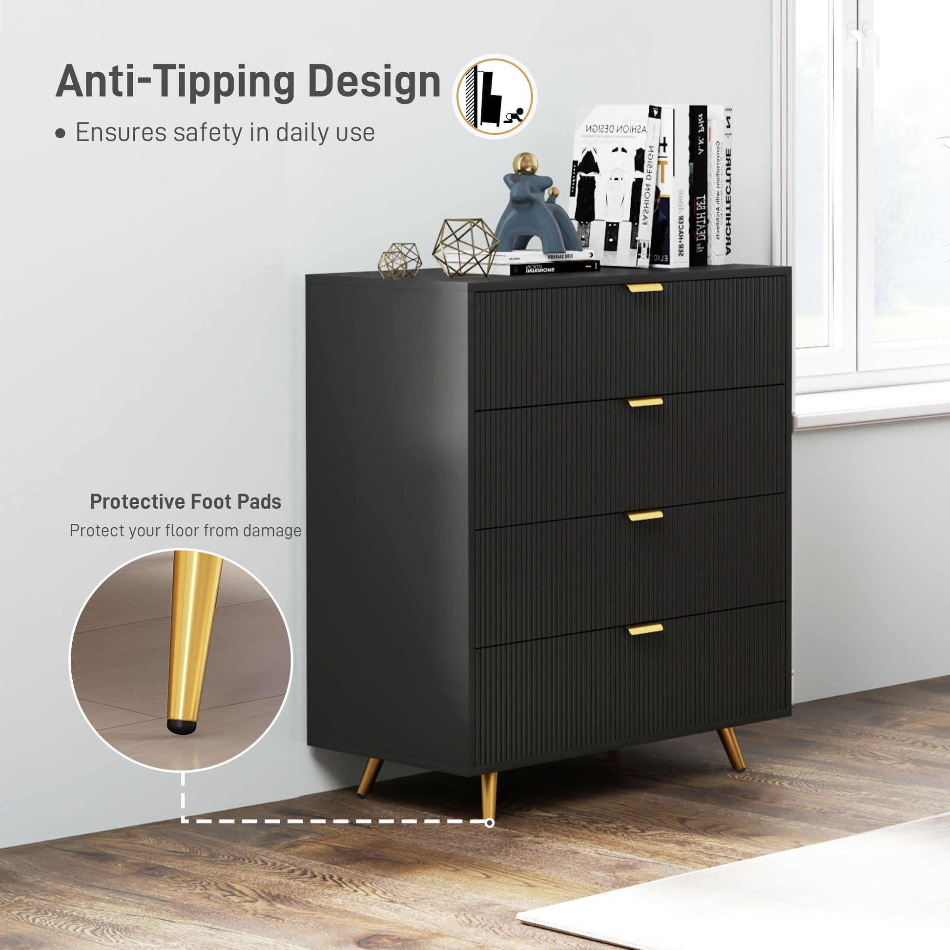 Elegant Four-Drawer Chest Table - Black