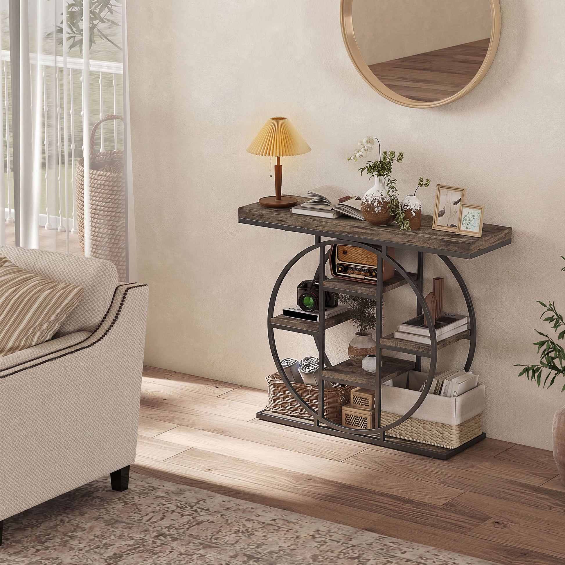 Industrial Console Table with Storage Shelves - Rustic Brown