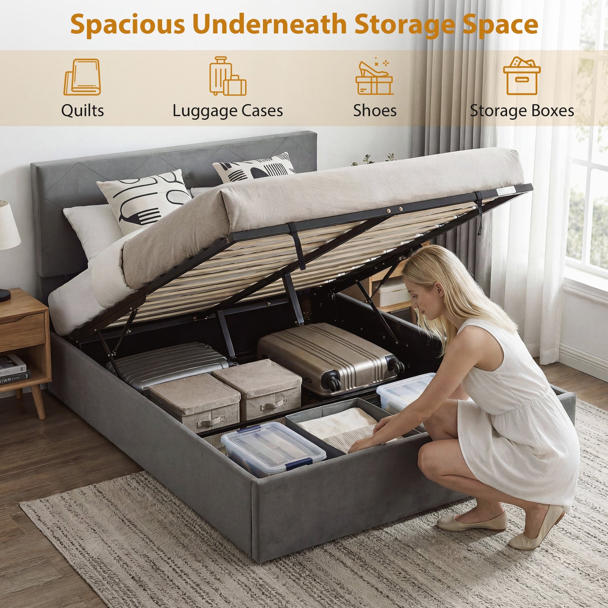 King Size Bed Frame Gas Side Lift Under Bed Storage Upholstered Platform Bed Tufted Headboard for 150 x 200 cm Mattress