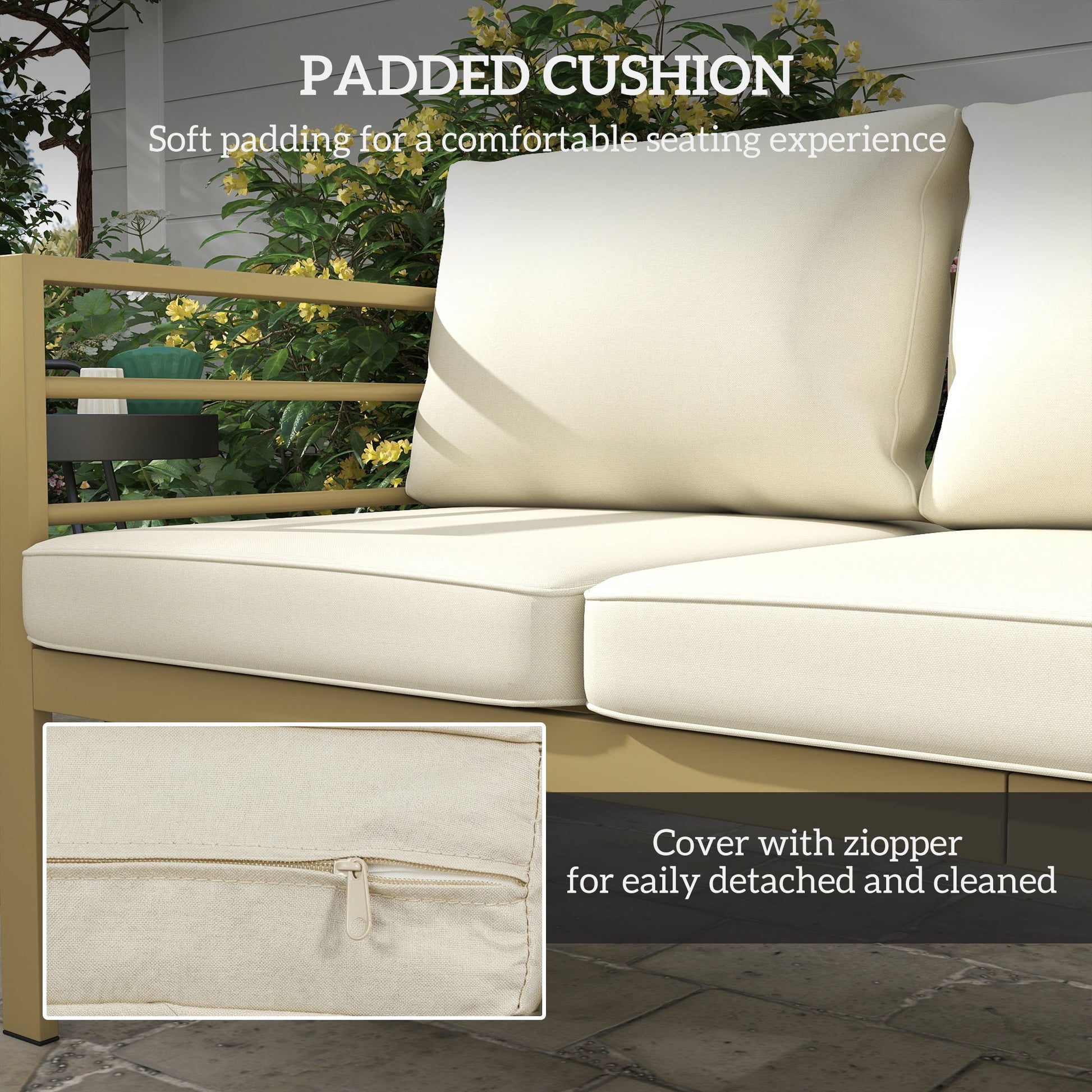 Garden Bench with Cushions, 3-Seater Sofa with Backrest, Armrest and Back Cushions, 185 x 66 x 64cm, Cream White
