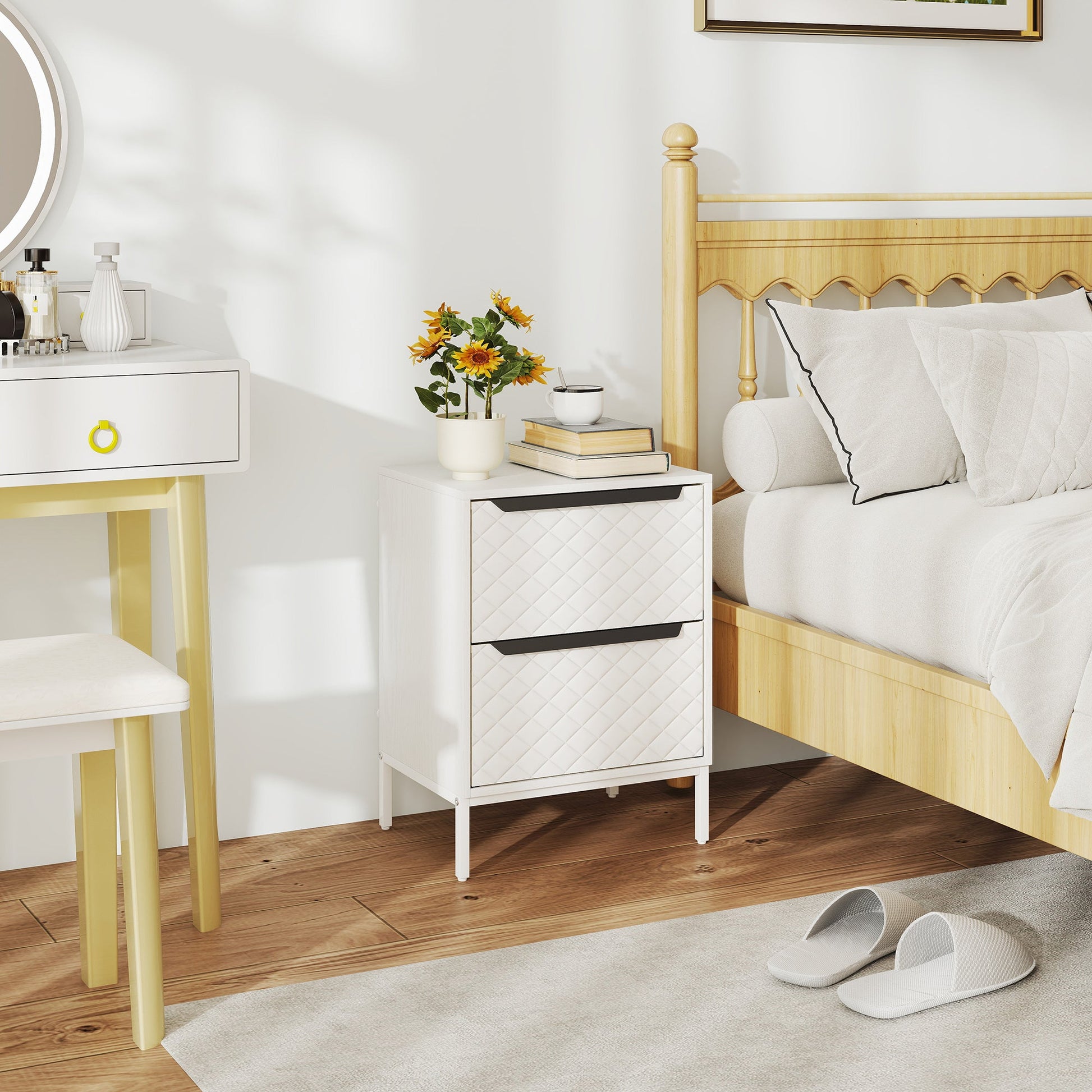 Chest of Drawers, Dresser with 2 Fabric Drawers and Aluminium Handles - White