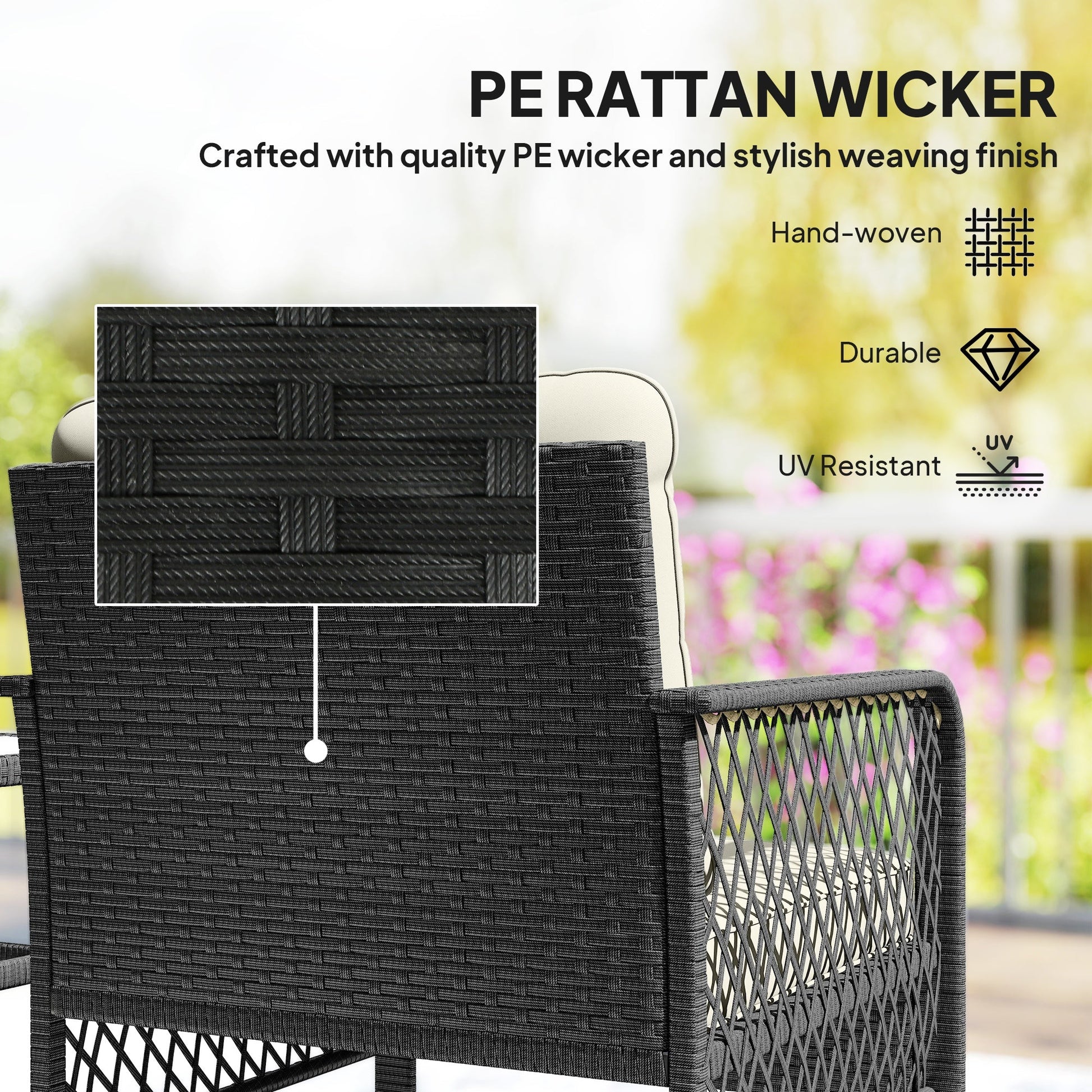 3 Pieces Rattan Bistro Set with Glass Top Coffee Table, Chairs and Cushions for Outdoor, Patio, Balcony, Cream