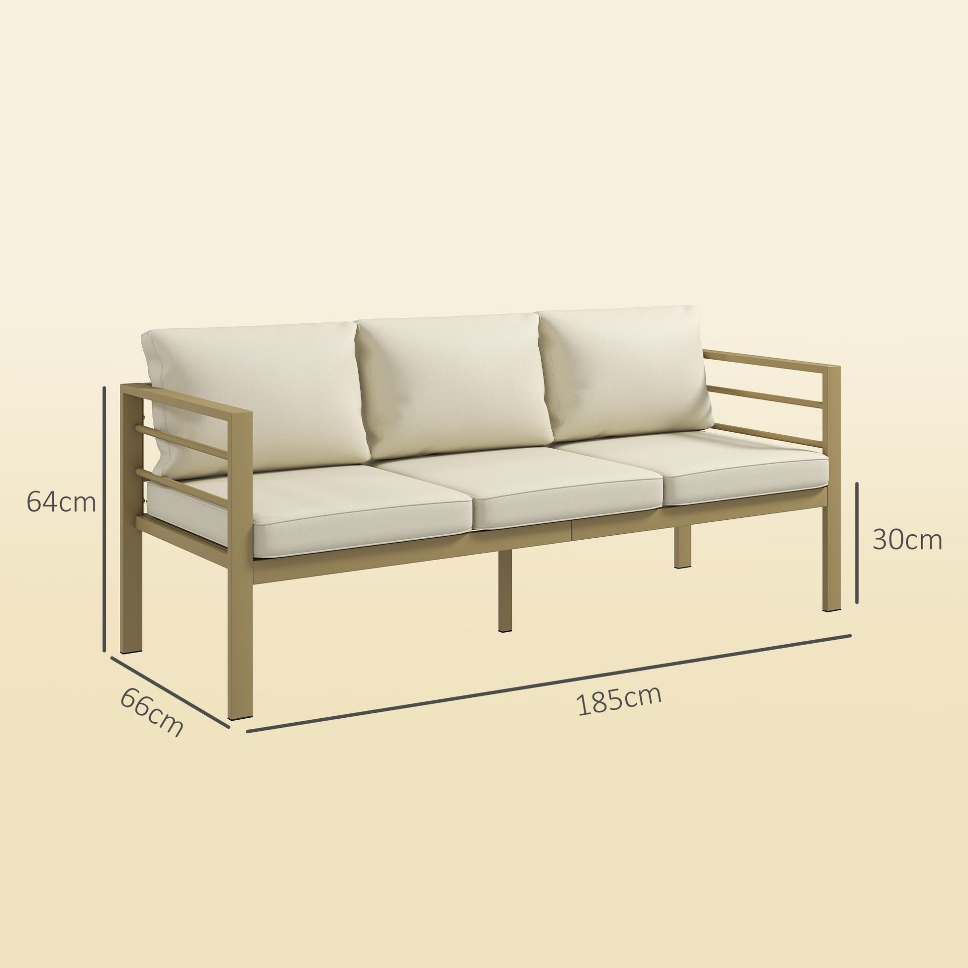 Garden Bench with Cushions, 3-Seater Sofa with Backrest, Armrest and Back Cushions, 185 x 66 x 64cm, Cream White